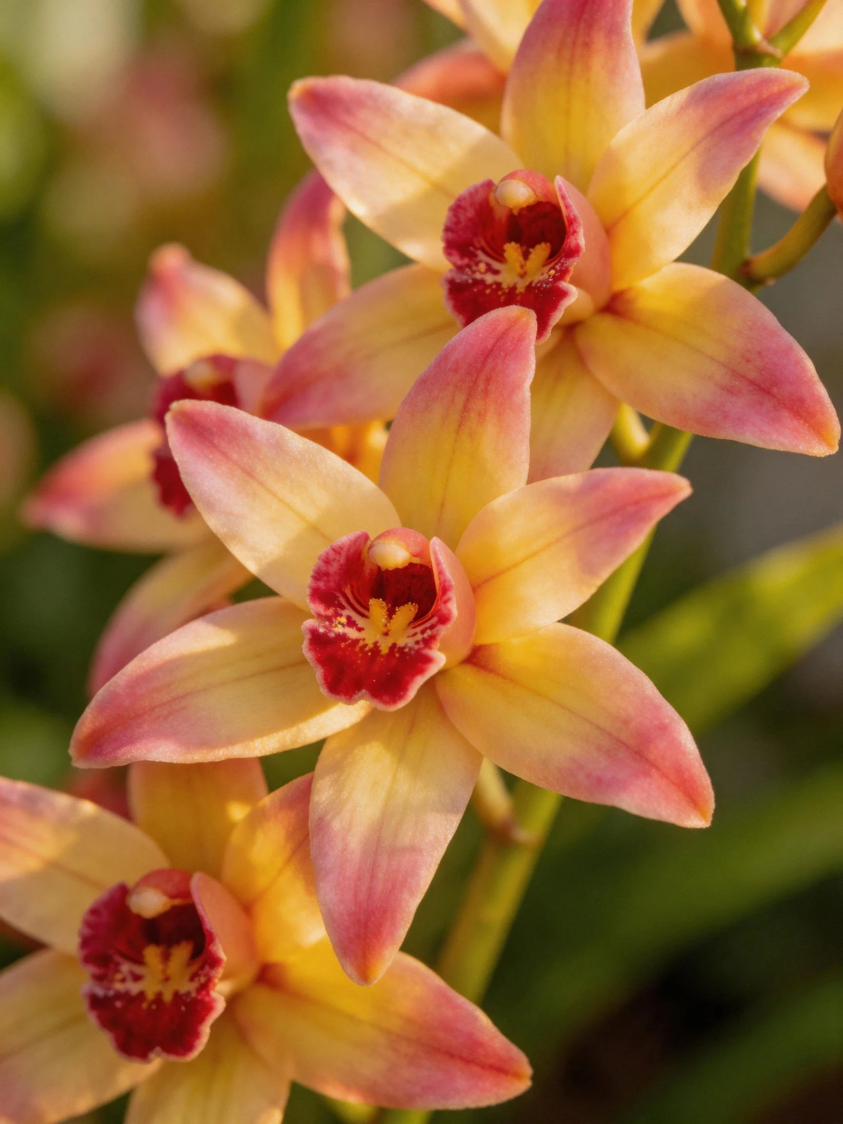 Vibrant pink-yellow orchid blooms with deep red centers clustered
