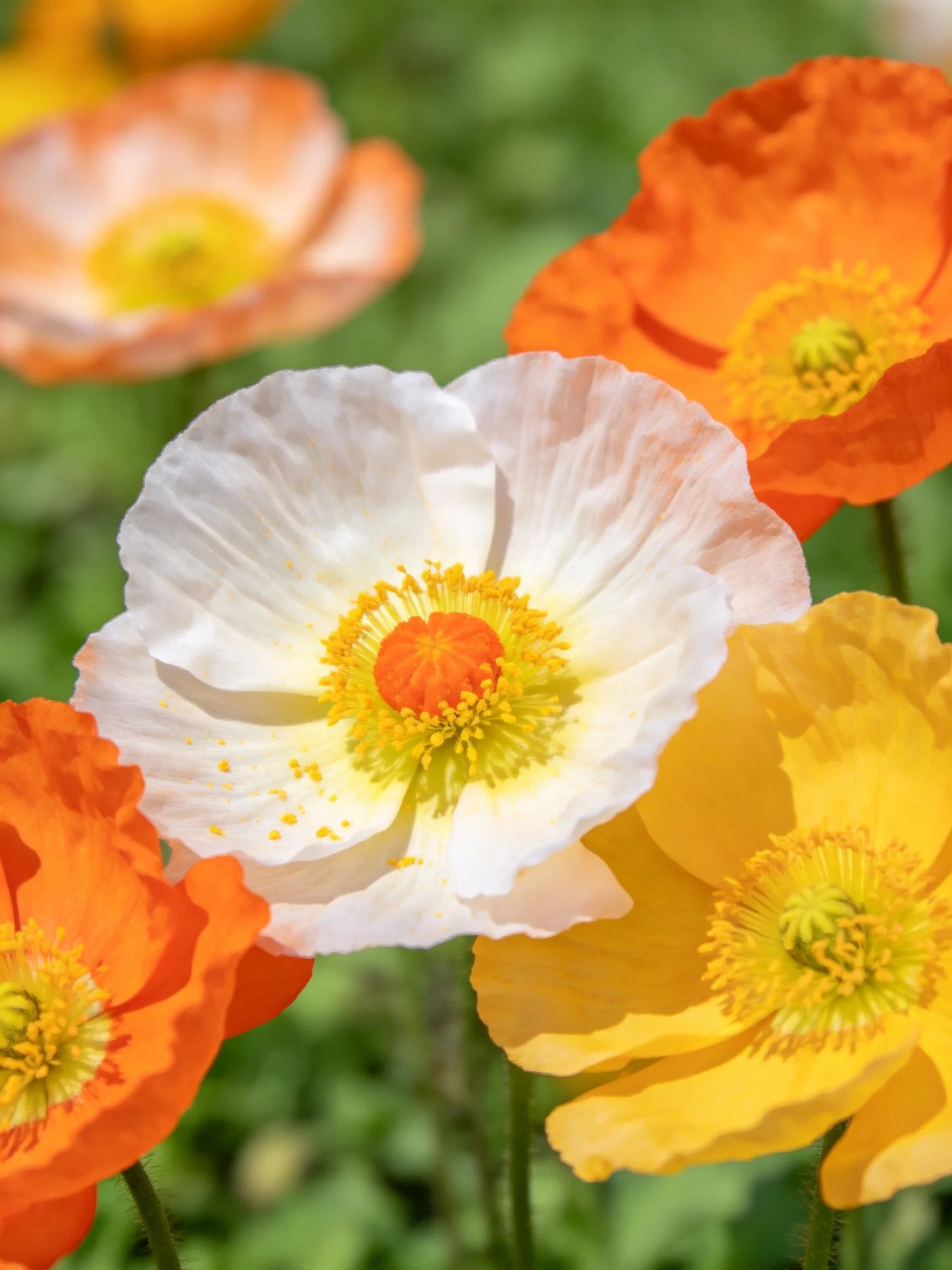 Vibrant poppies in white, orange, and yellow