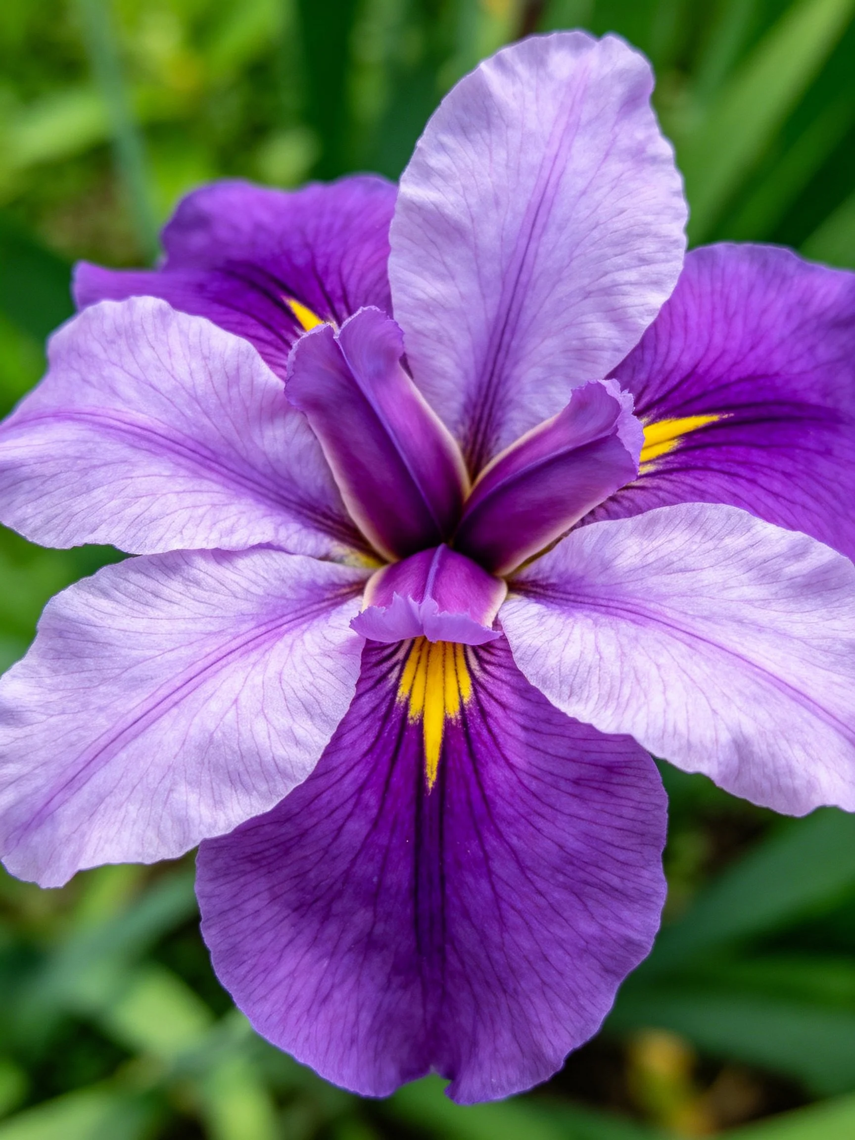 Vibrant purple and lavender iris flower with yellow centers