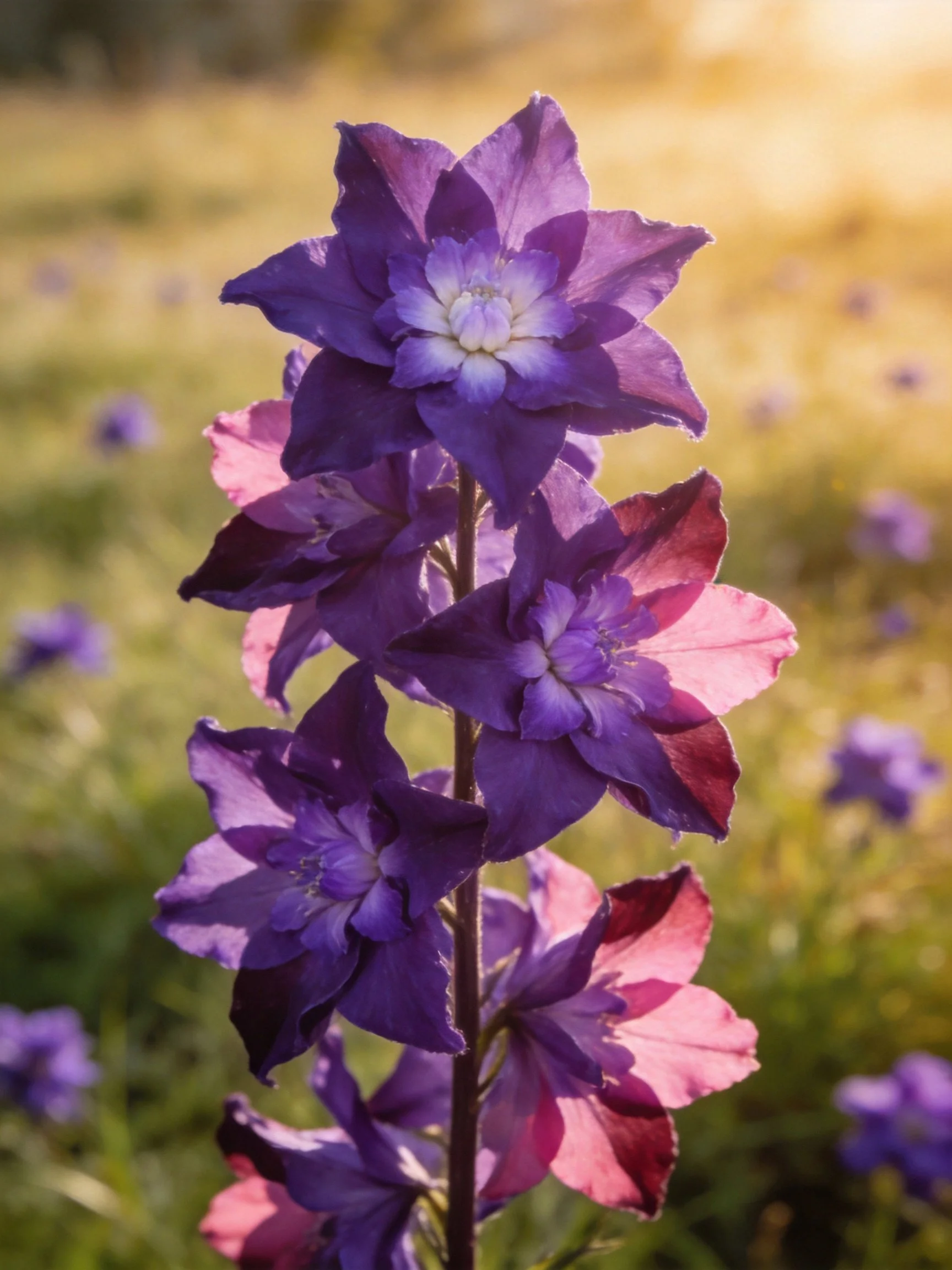 Vibrant purple and pink delphinium blooms stand tall in a sunlit field