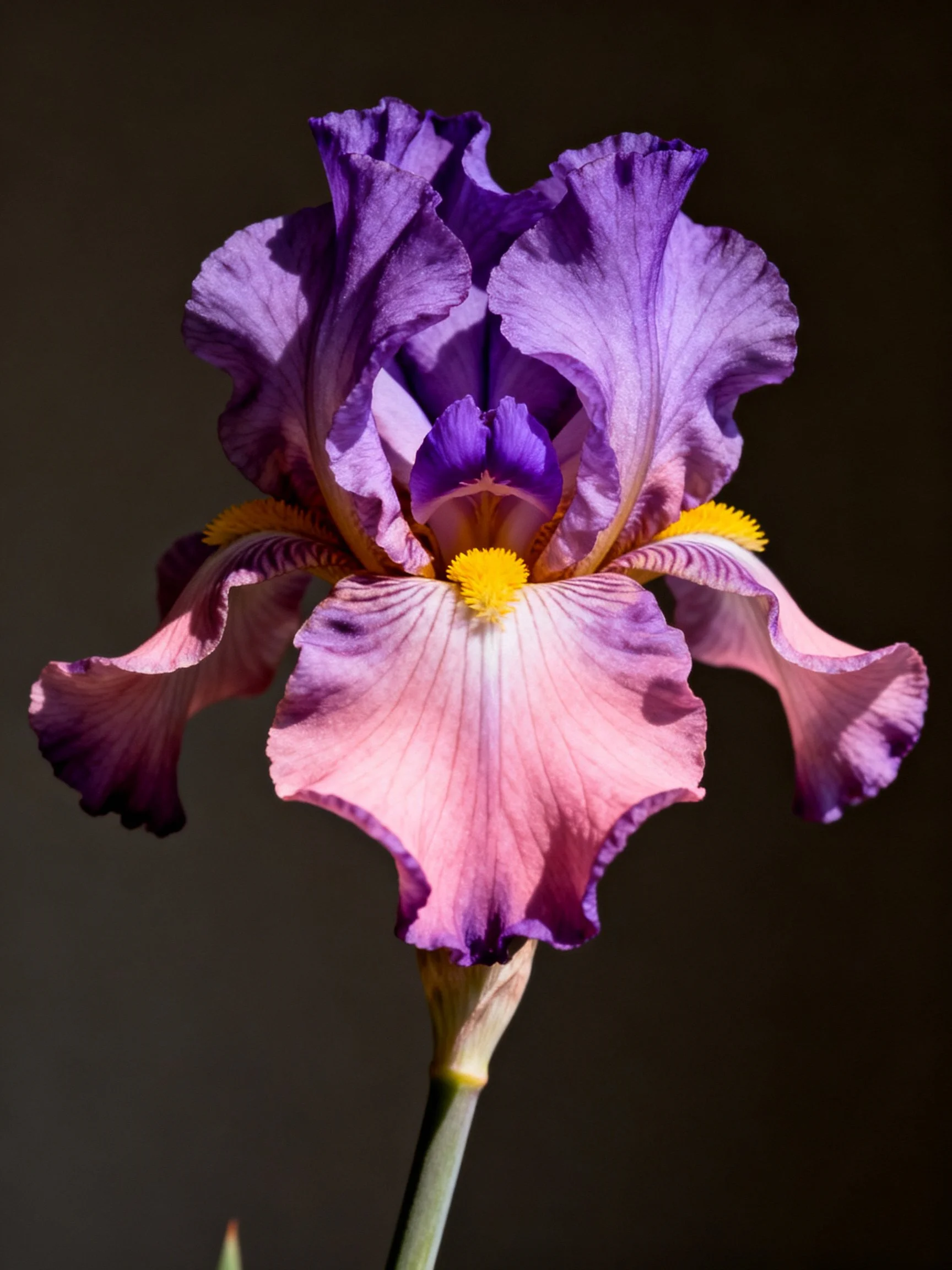 Vibrant purple and pink iris flower with bright yellow center