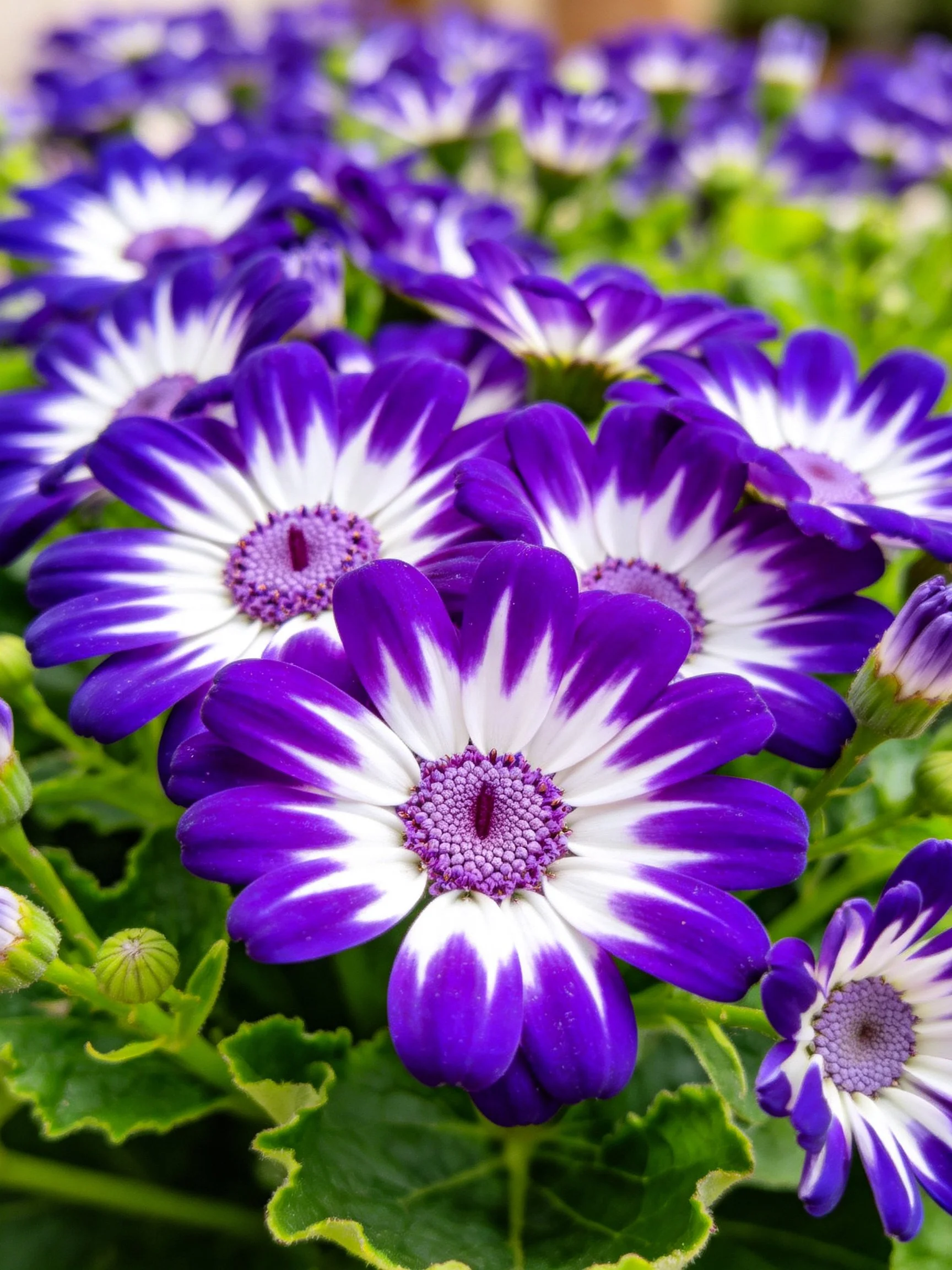 Vibrant purple and white daisy blooms amid lush green foliage