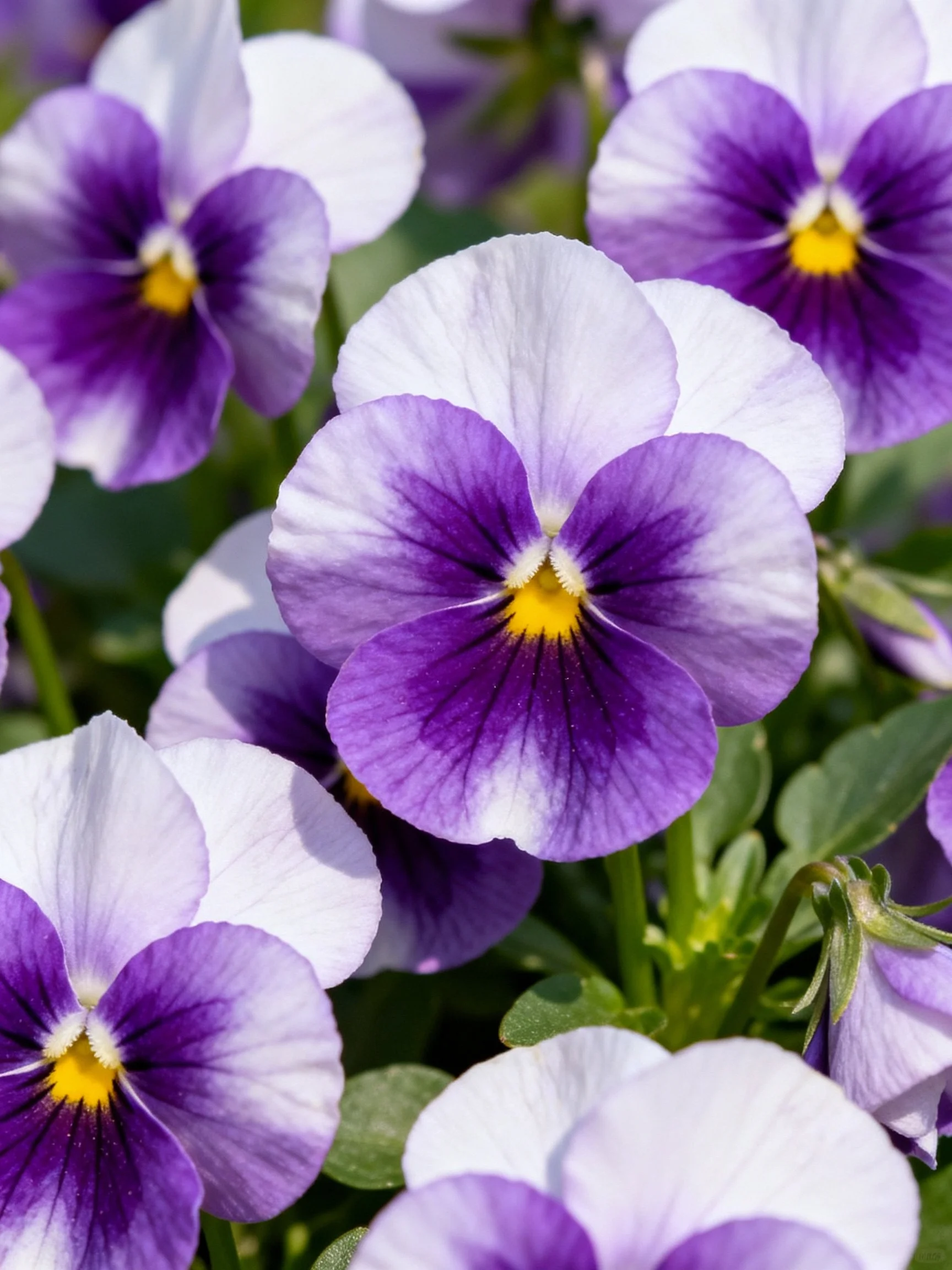 Vibrant purple and white pansy flowers with yellow centers