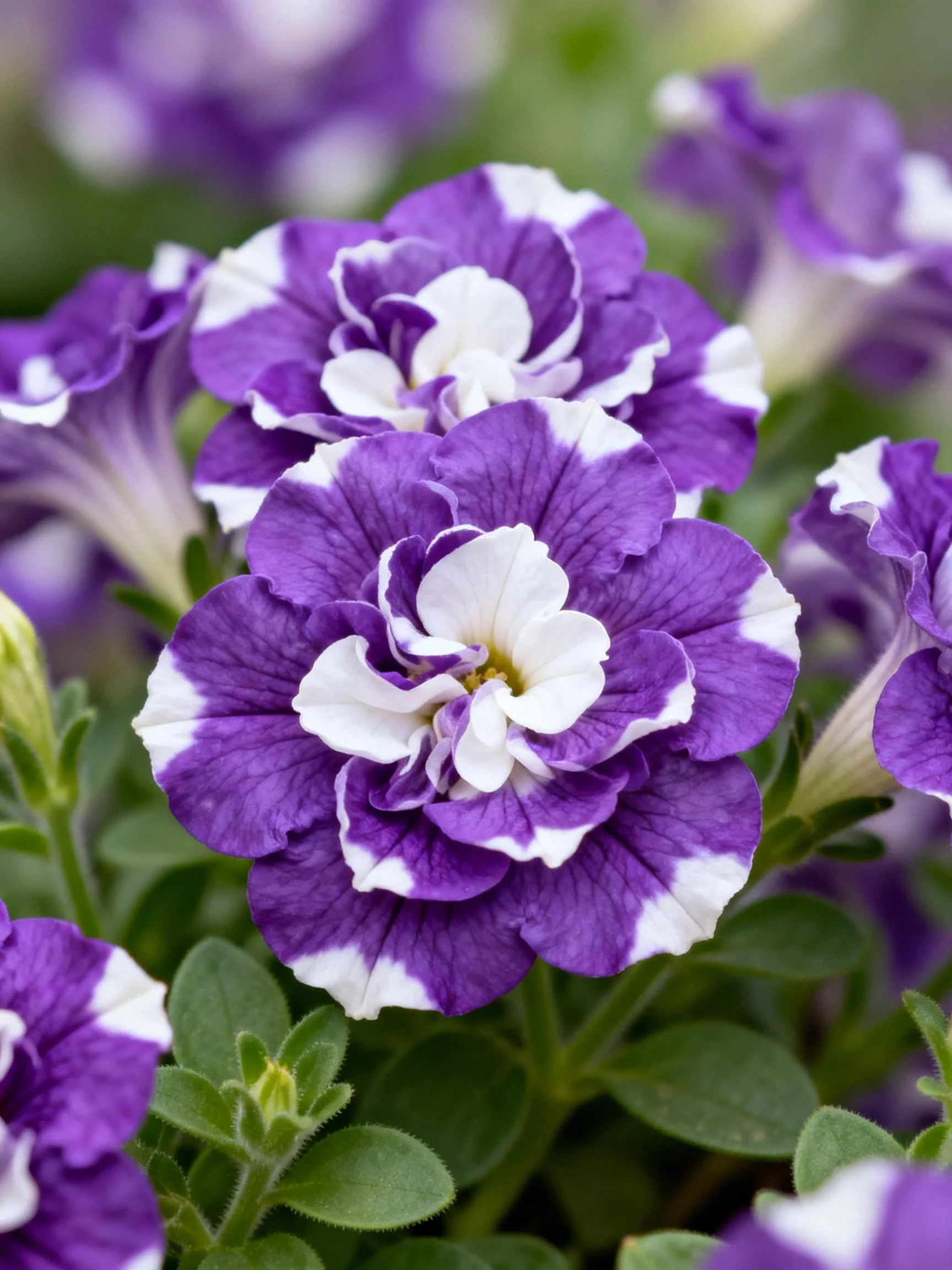 Vibrant purple and white petunias with layered petals