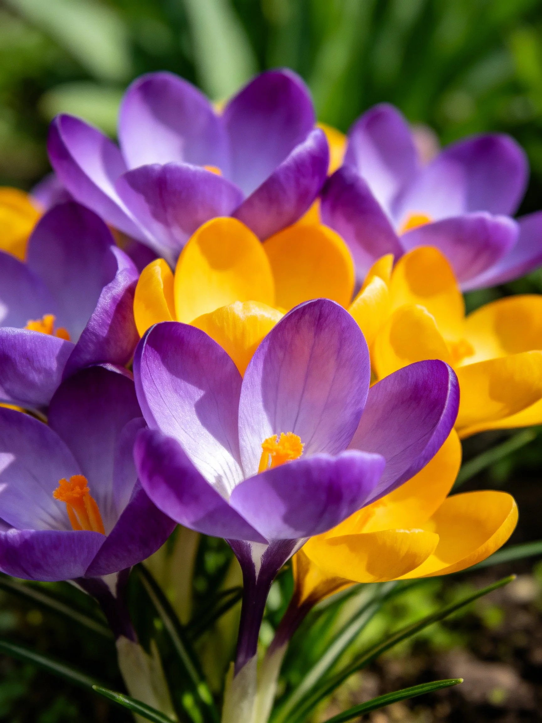 Vibrant purple and yellow crocus flowers blooming in sunlight