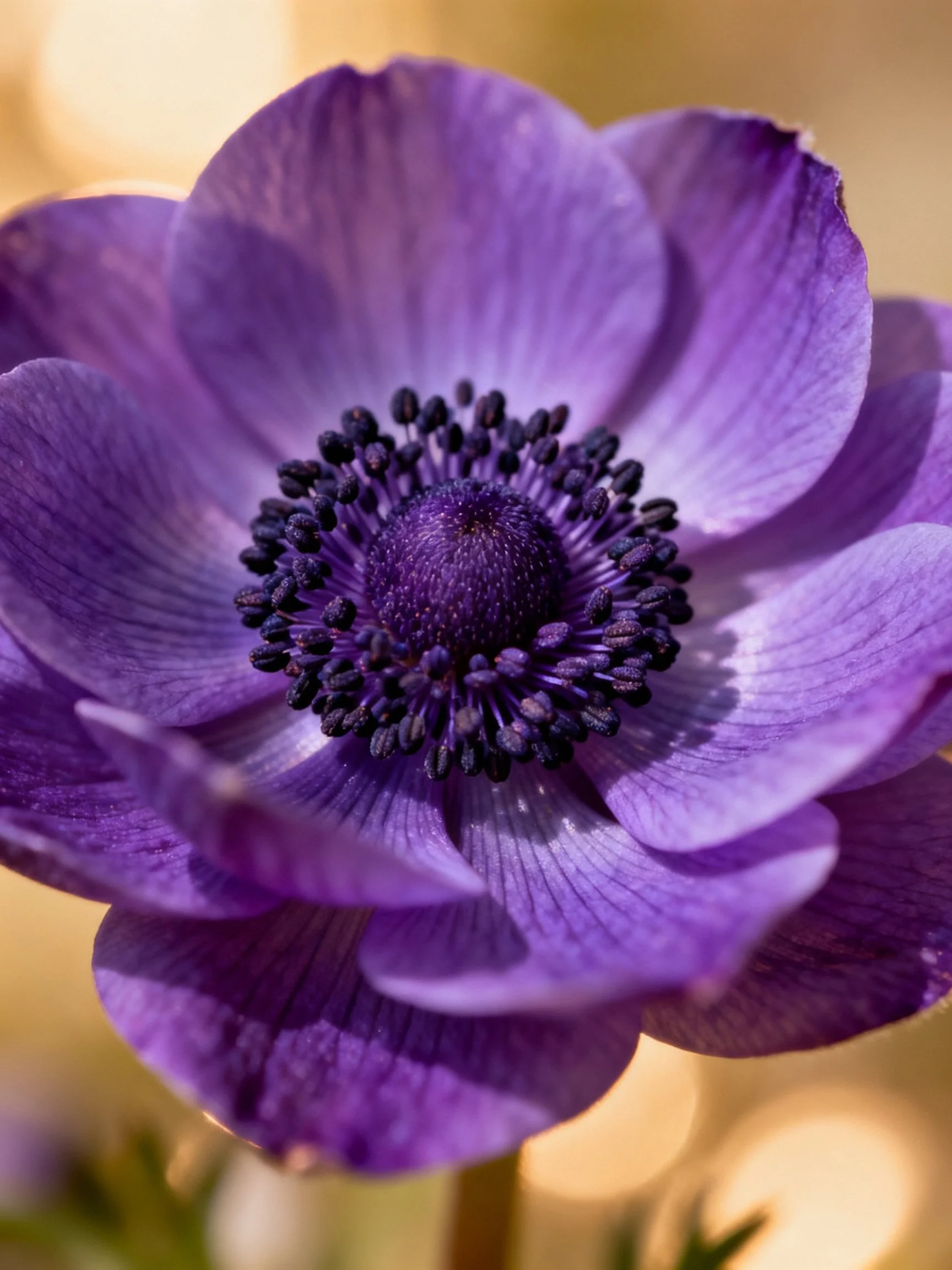 Vibrant purple anemone close - up with dark central core