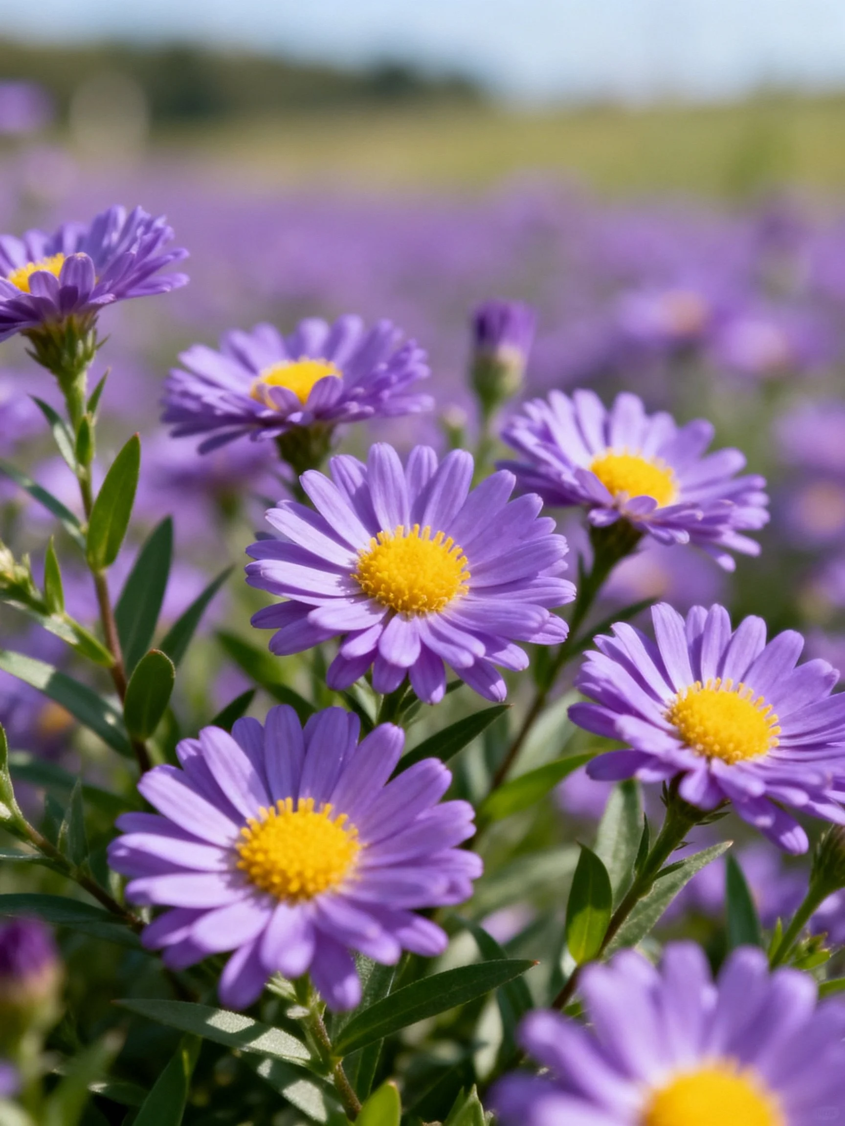 Vibrant purple aster flowers with bright yellow centers in a sunlit field