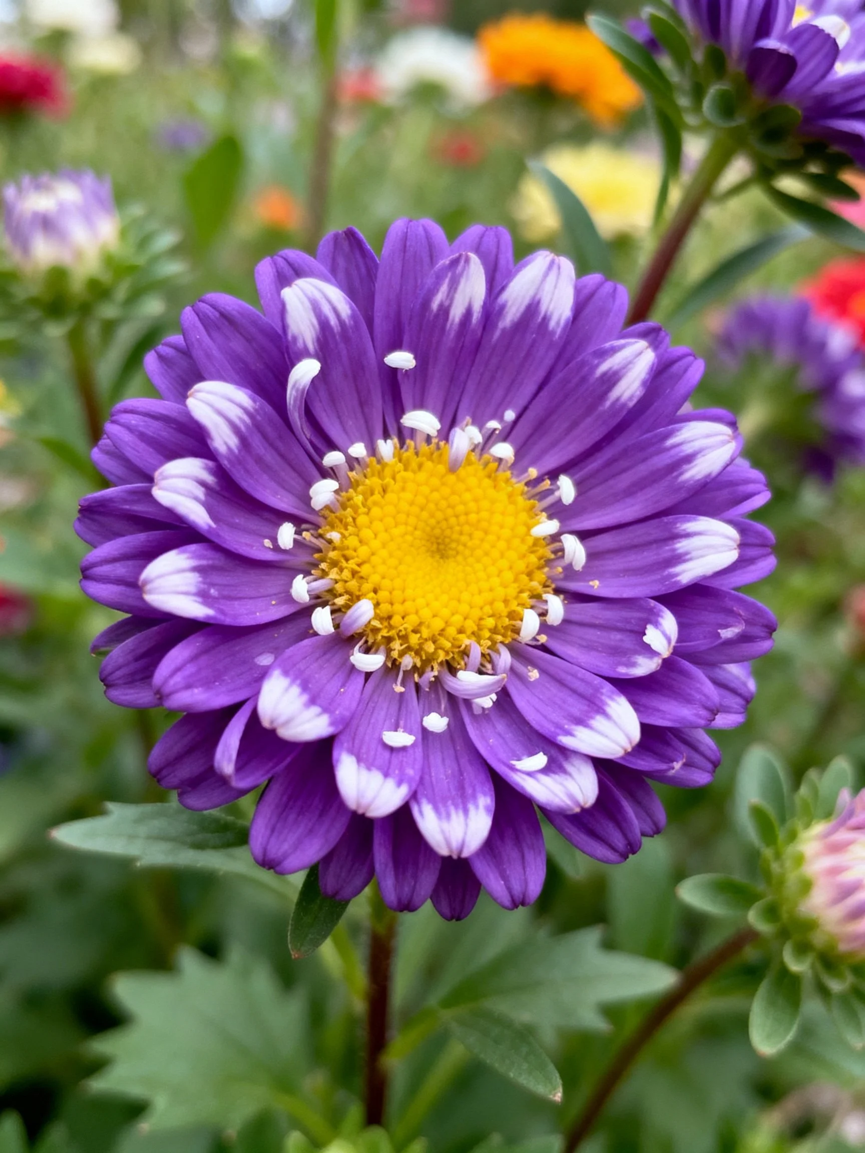 Vibrant purple aster with white-tipped petals and bright yellow center