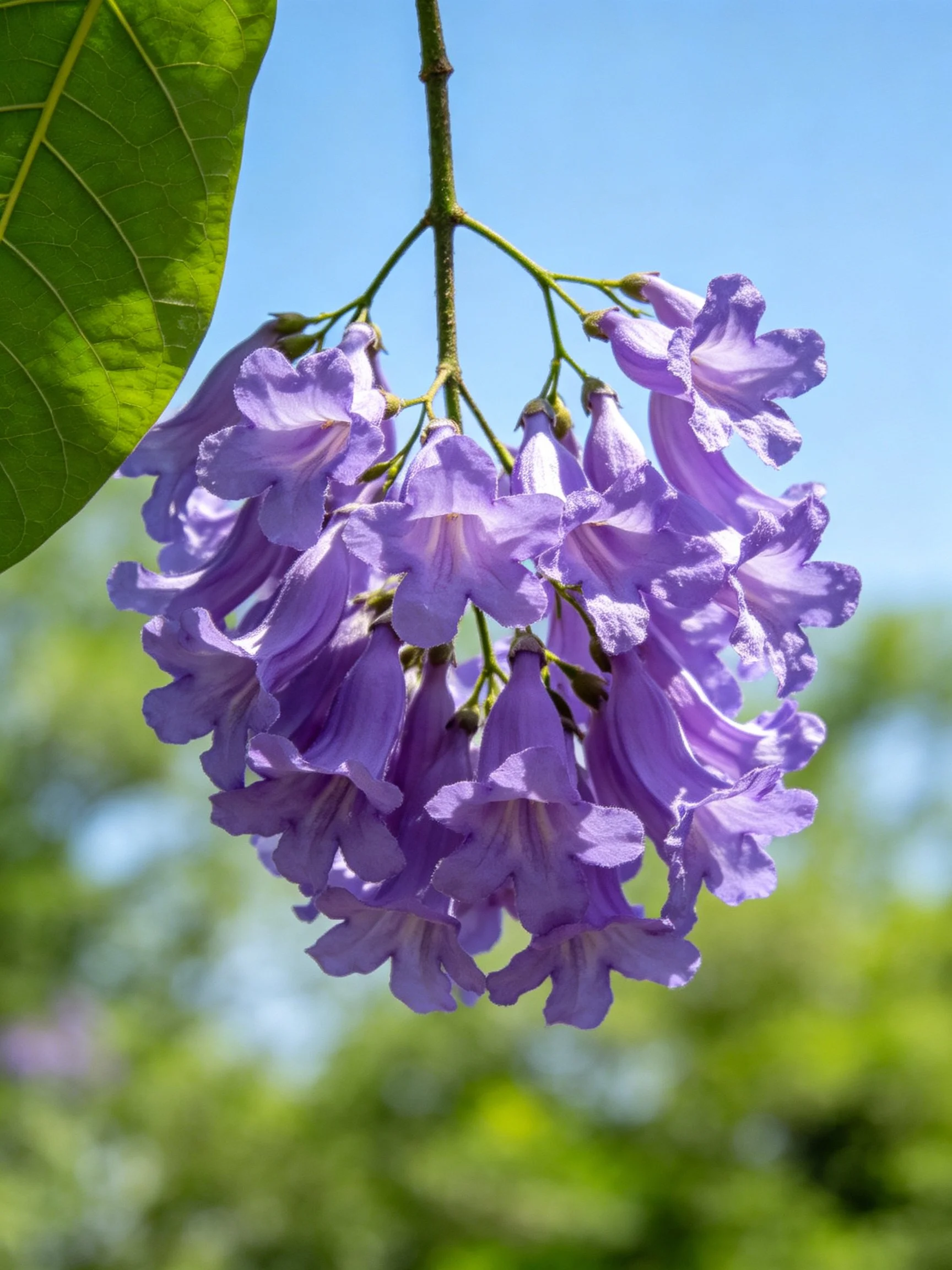 Vibrant purple bell flowers cluster on branch beside large green leaf under clear blue sky