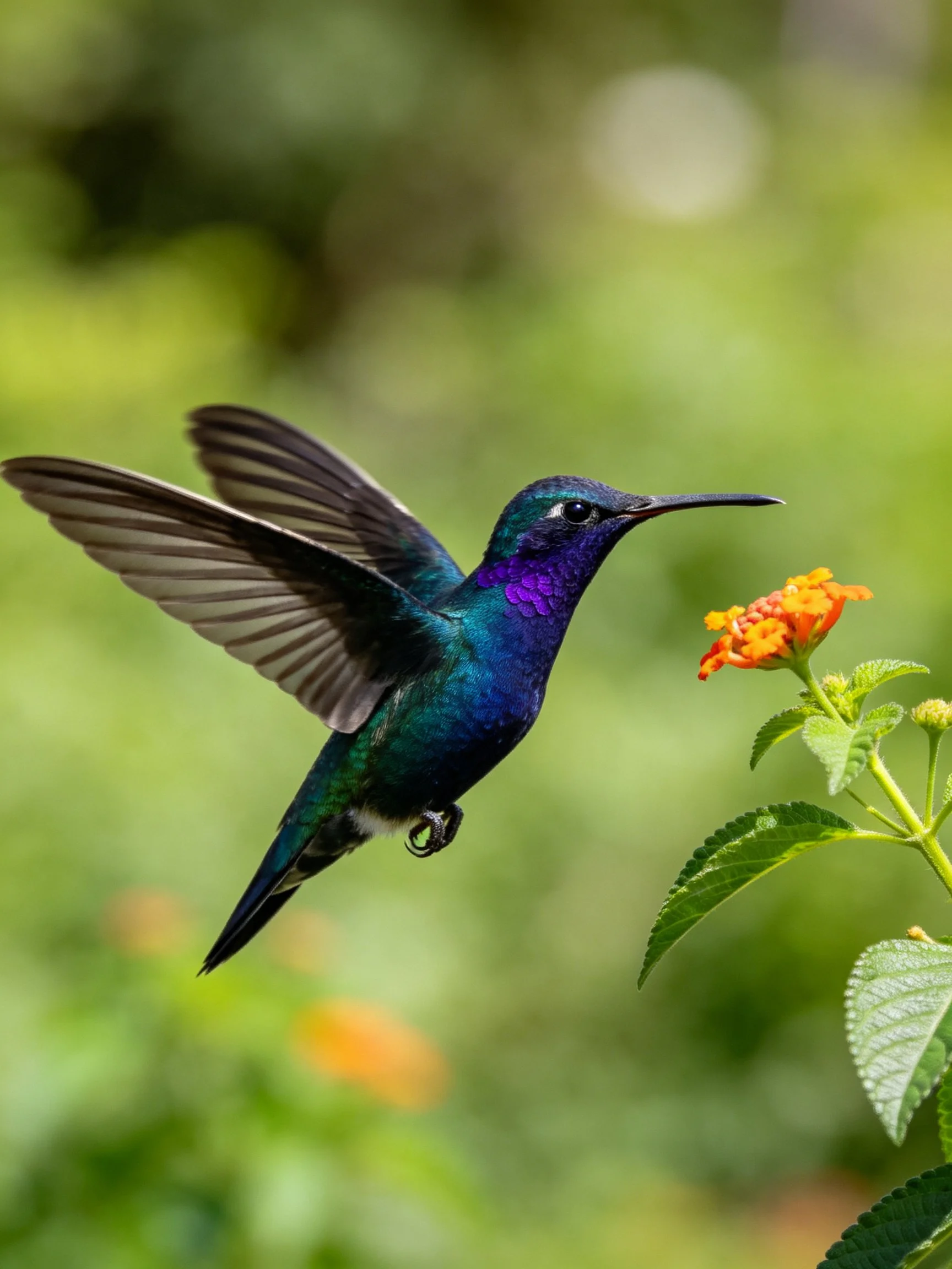 Vibrant purple-blue hummingbird hovers near orange blossoms