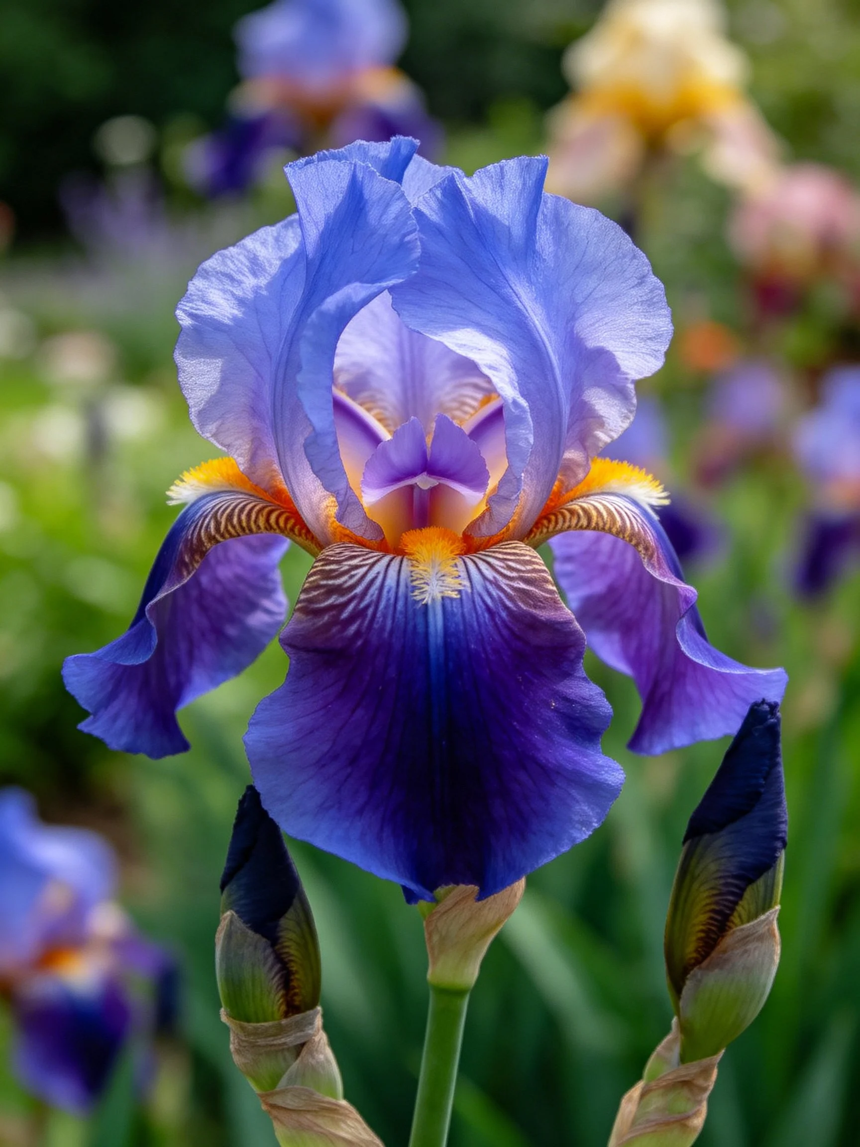 Vibrant purple-blue iris blooms with orange accents
