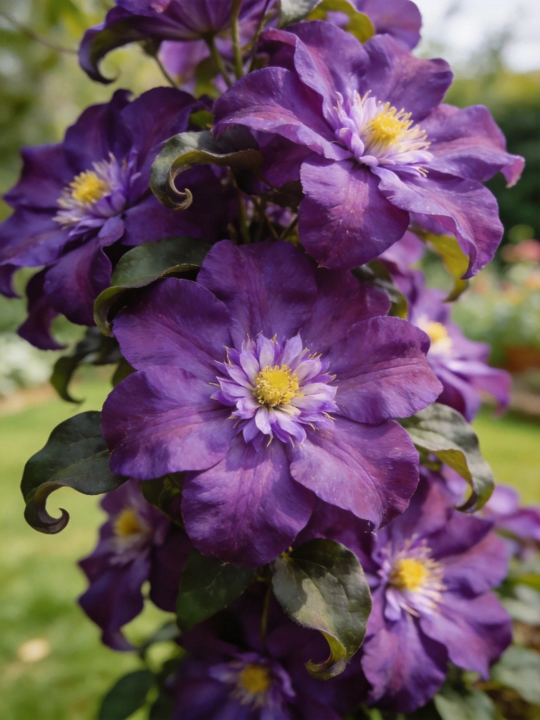 Vibrant purple clematis blooms cluster densely with yellow centers