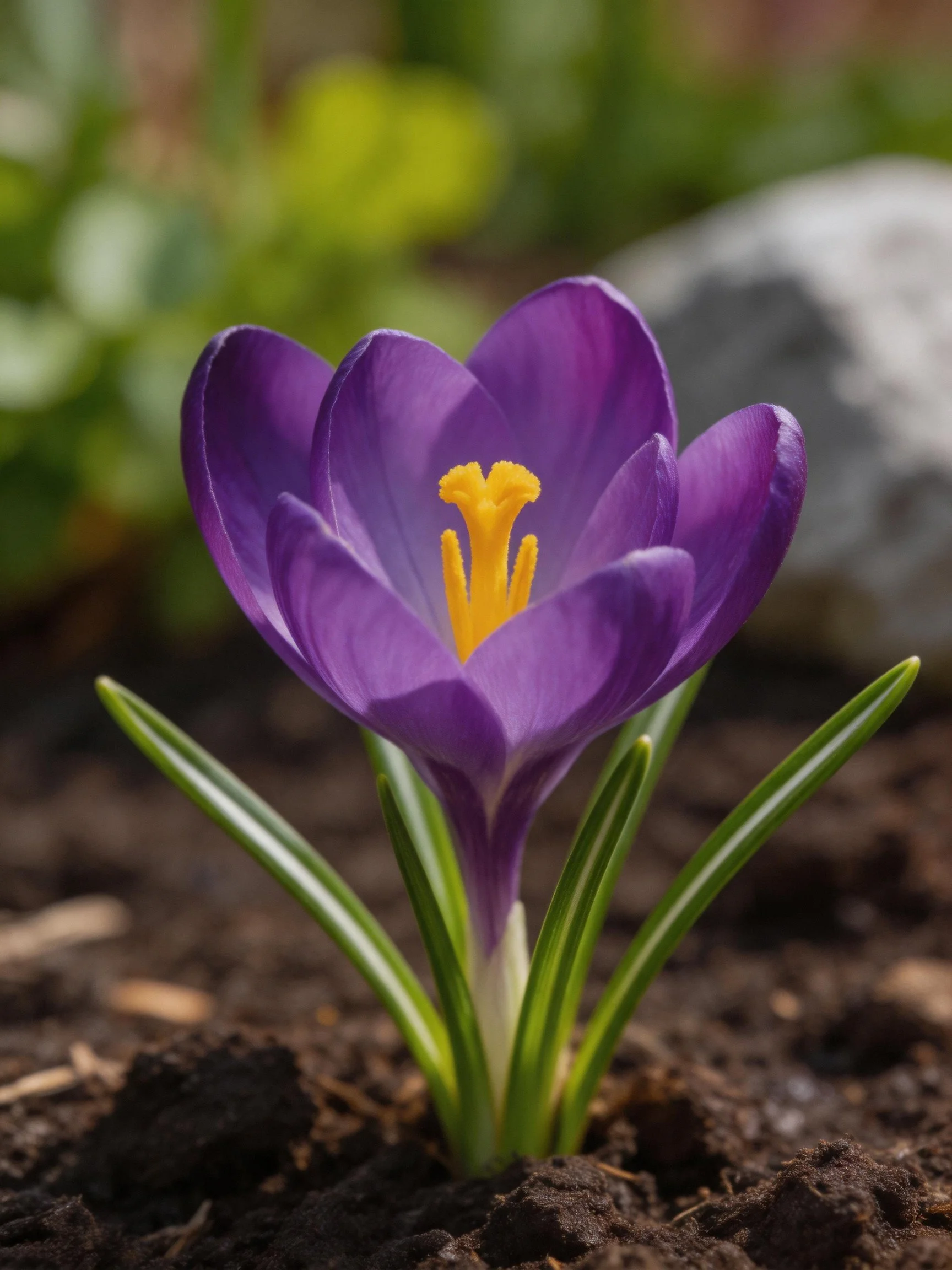Vibrant purple crocus blooming from dark soil