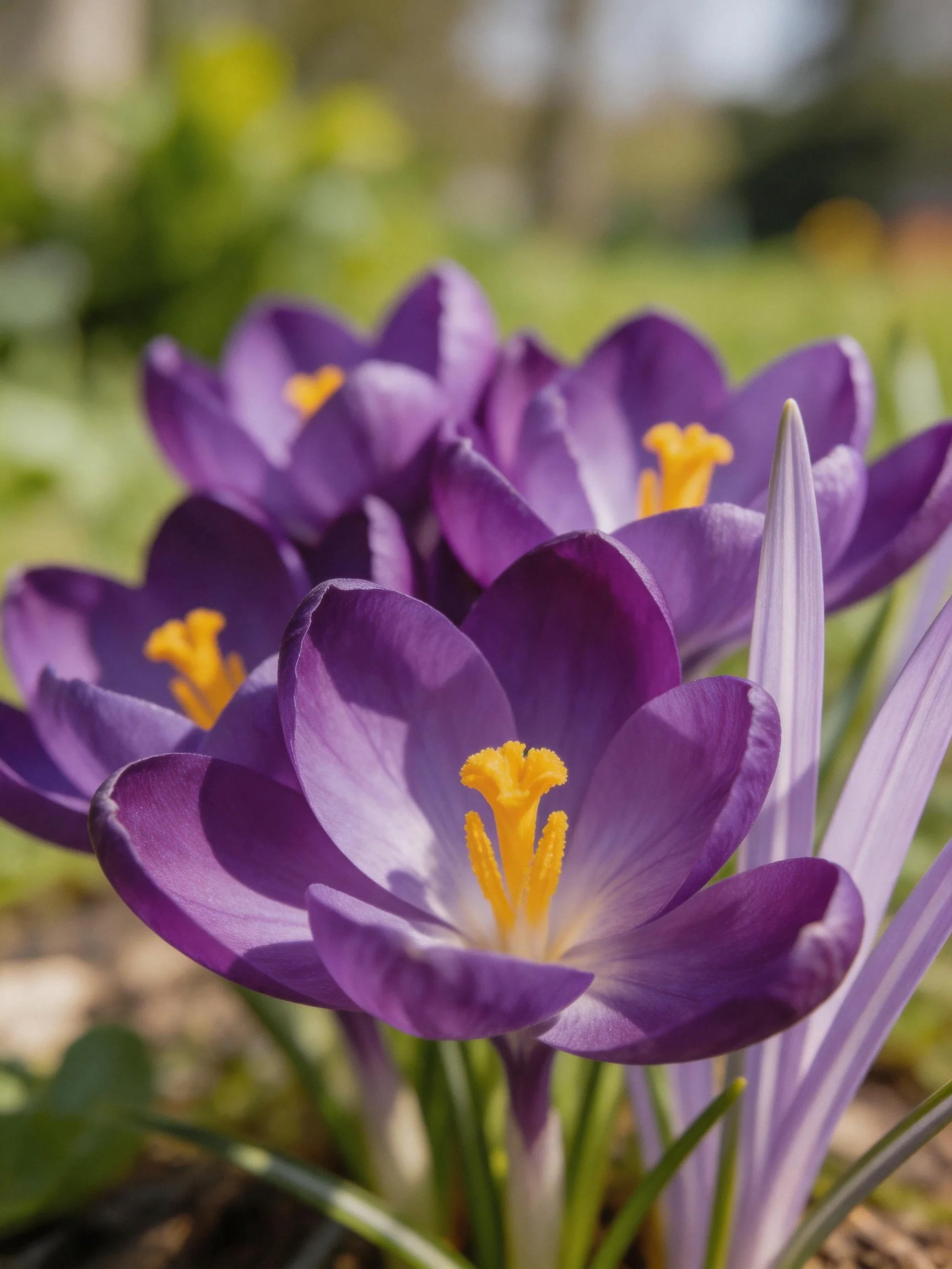 Vibrant purple crocus blooms cluster in sunlit garden