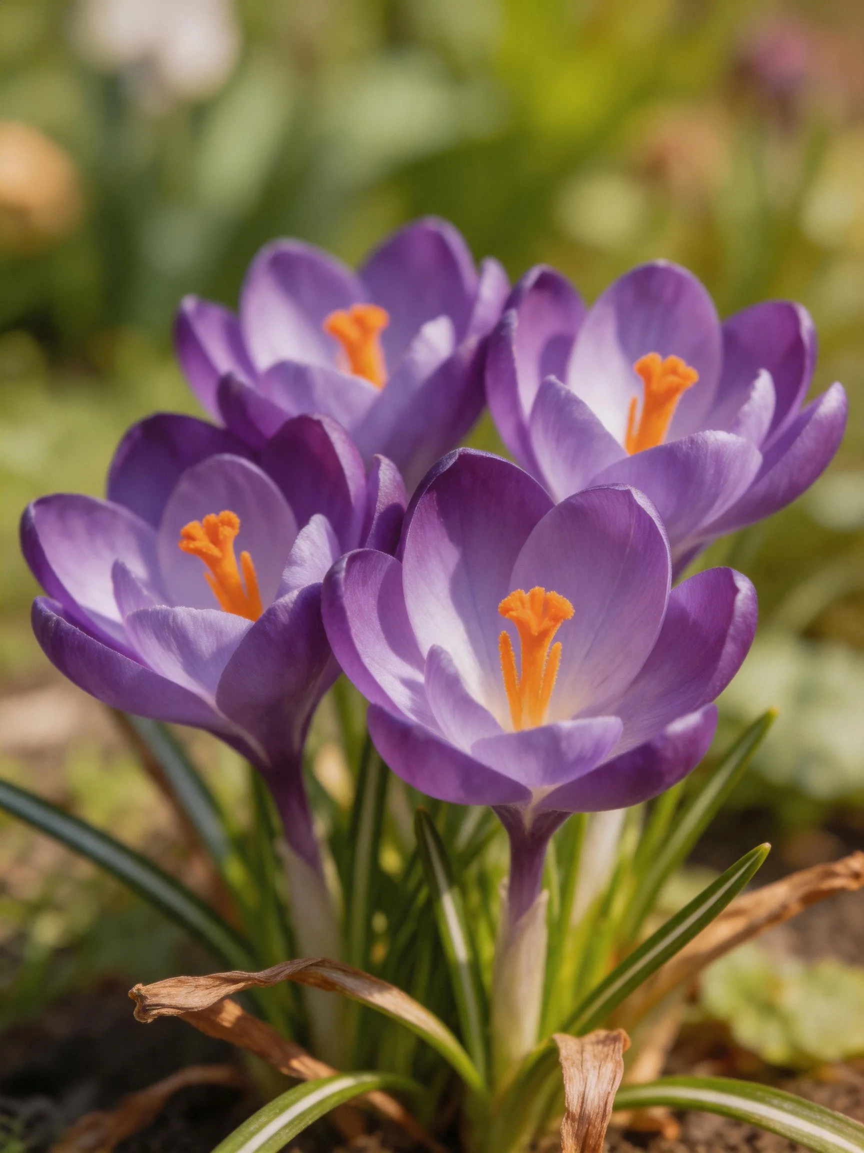 Vibrant purple crocus blooms with bright orange centers