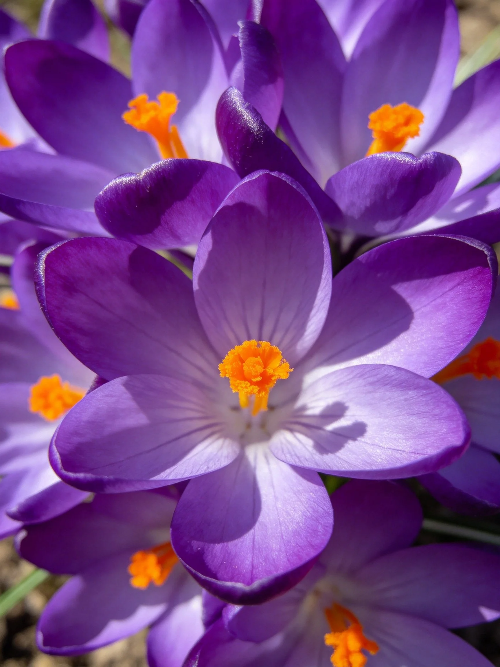 Vibrant purple crocus blooms with bright orange stamens clustered closely