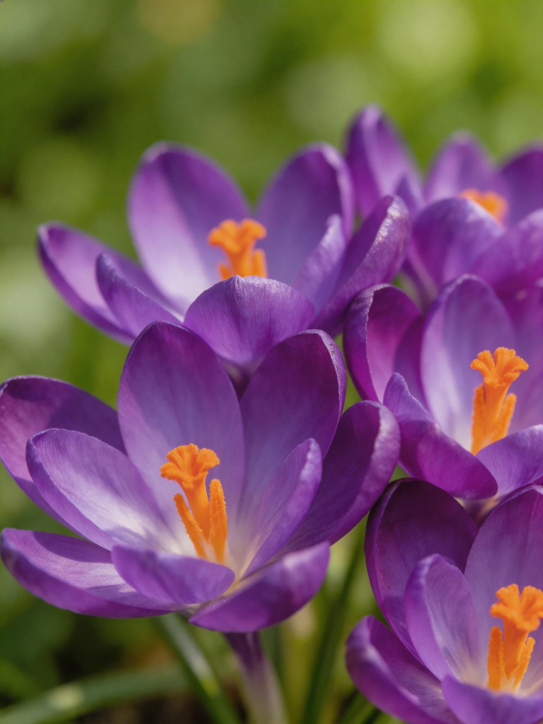 Vibrant purple crocus blooms with bright orange stamens