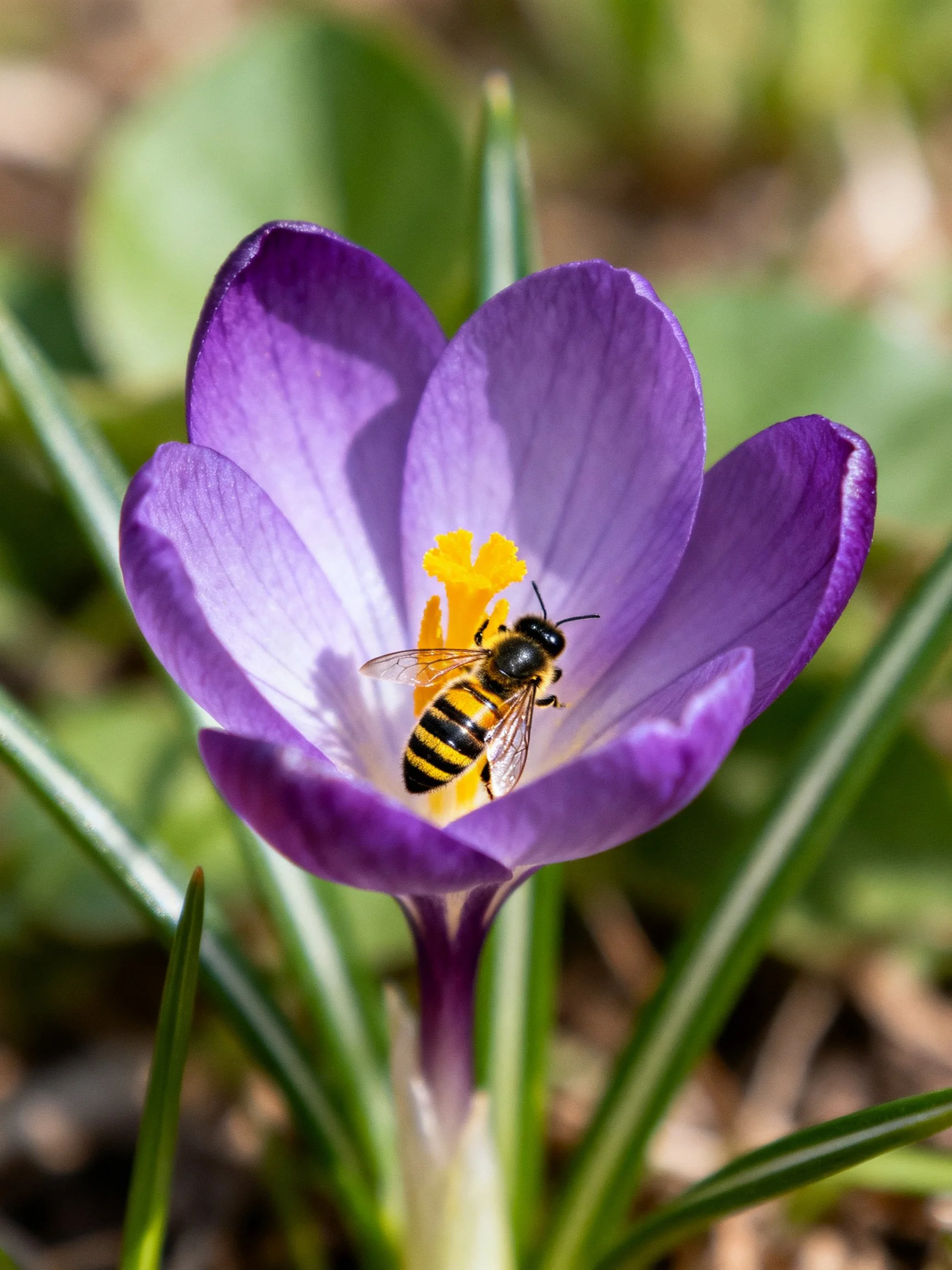 Vibrant purple crocus flower with striped bee inside