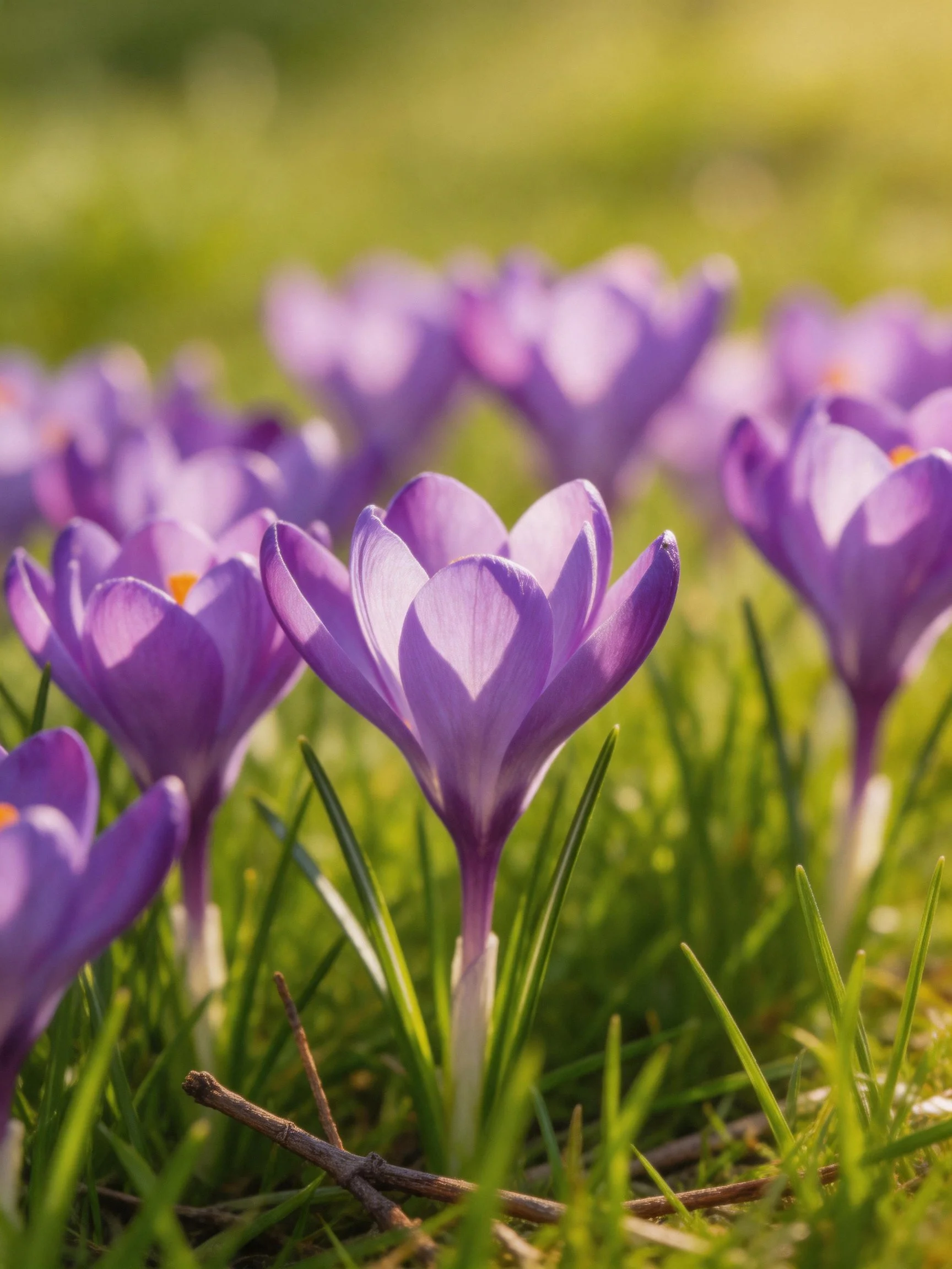 Vibrant purple crocus flowers bloom in lush green grass