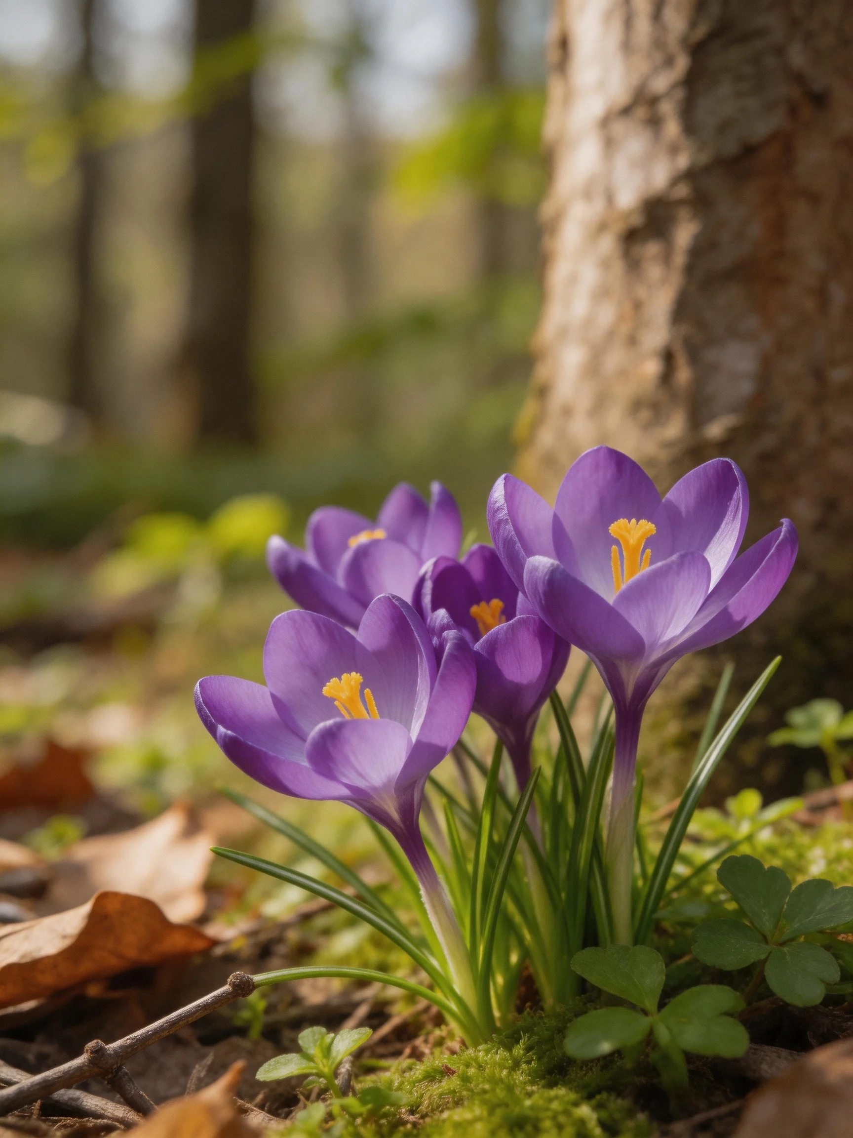 Vibrant purple crocus flowers cluster beside a tree trunk in a sunlit forest