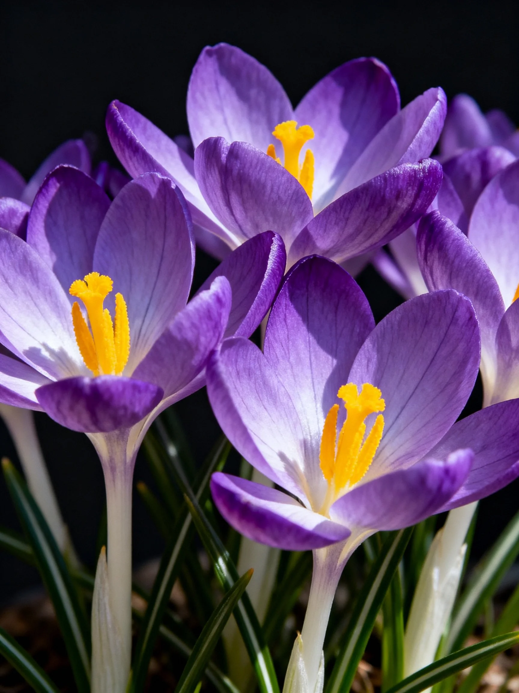 Vibrant purple crocus flowers with bright yellow stamens