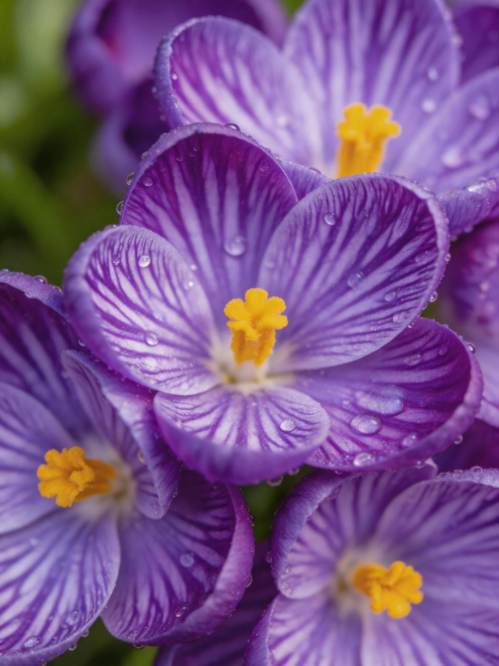 Vibrant purple crocus flowers with water droplets