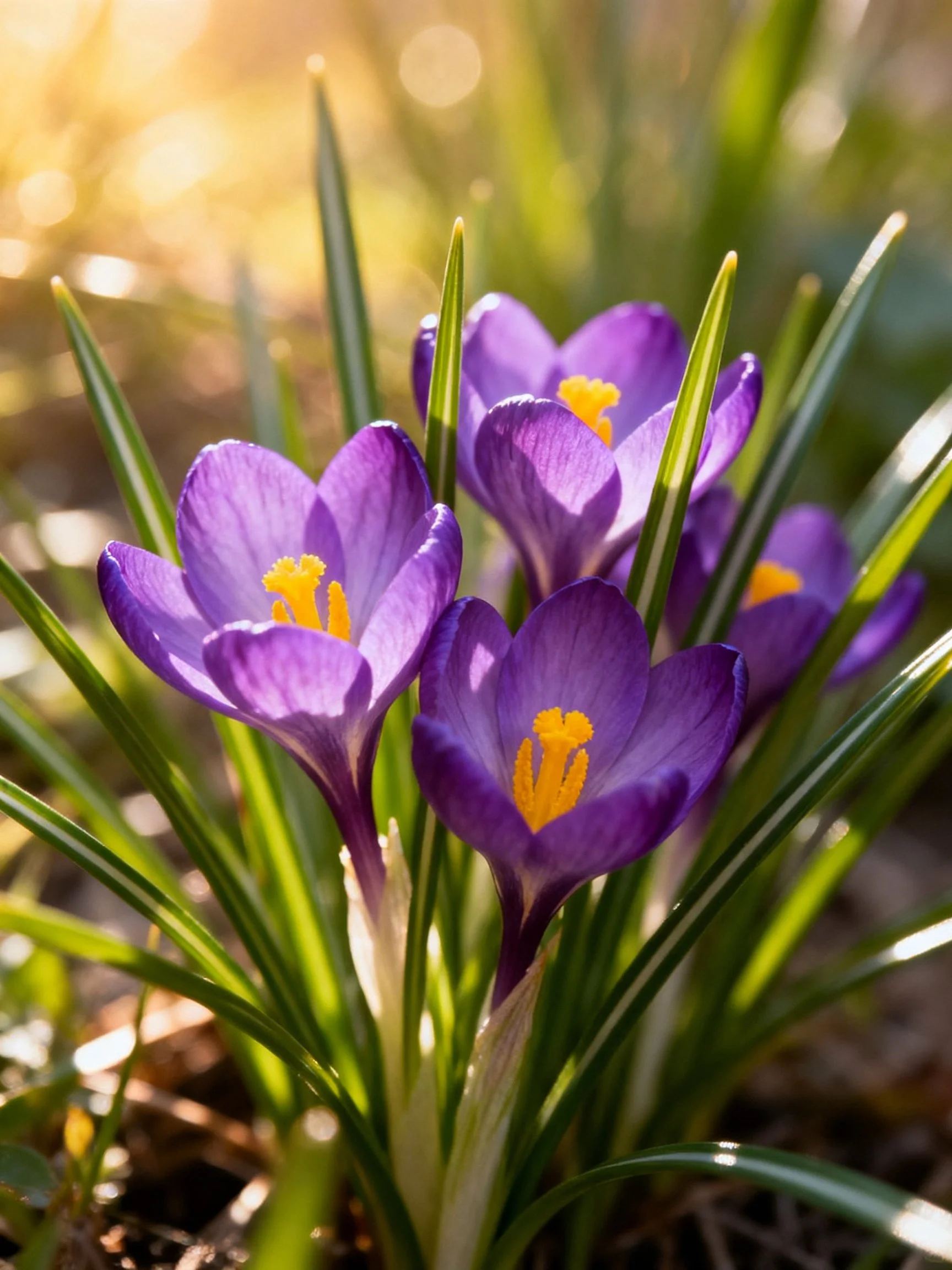 Vibrant purple crocus flowers with yellow stamens among green foliage