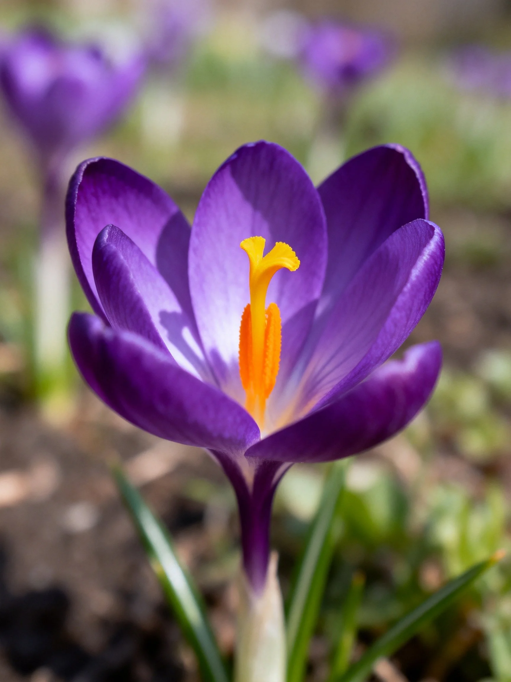 Vibrant purple crocus in sharp focus with bright yellow stamens