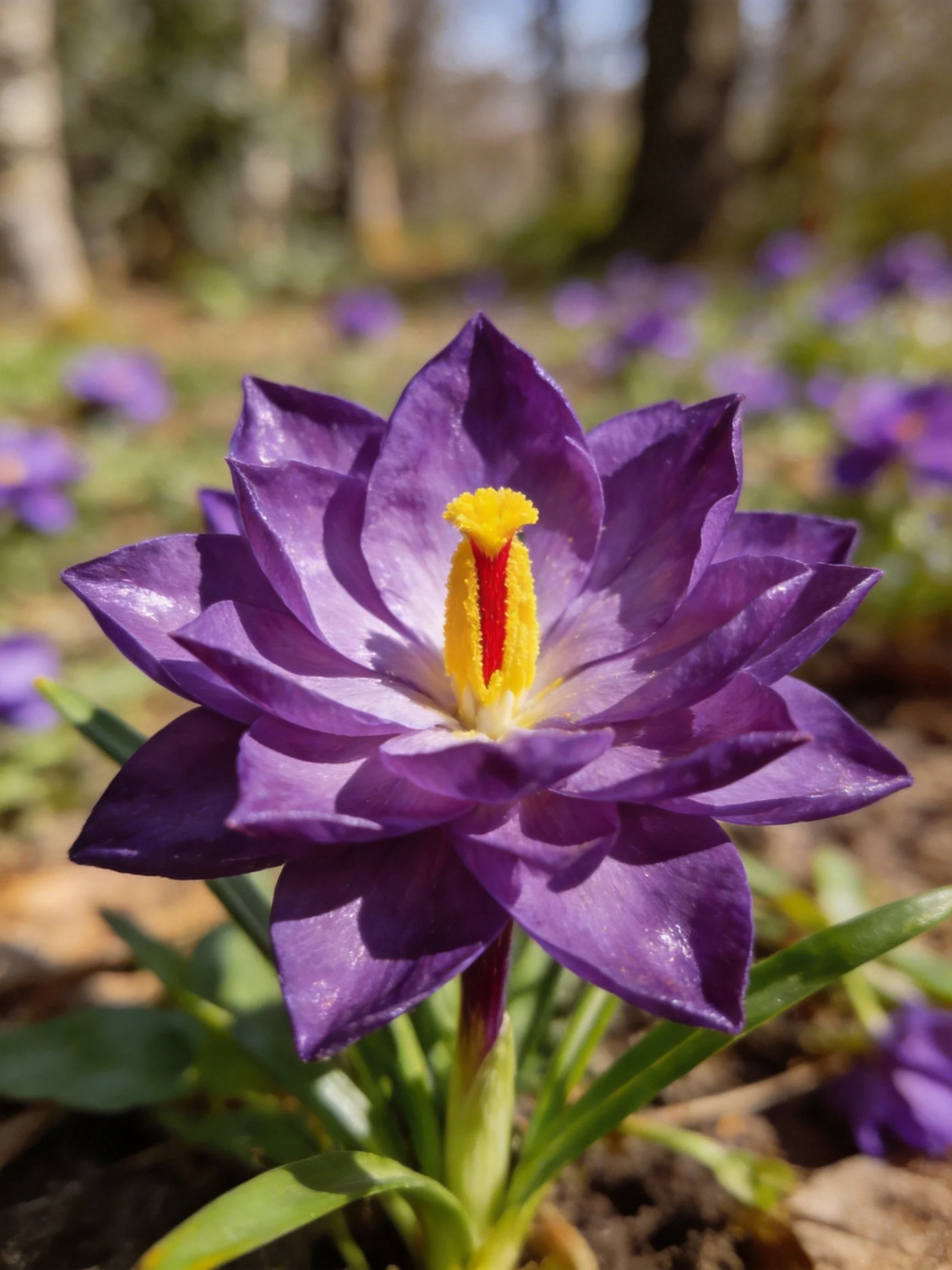 Vibrant purple crocus with yellow and red stamens in natural surroundings