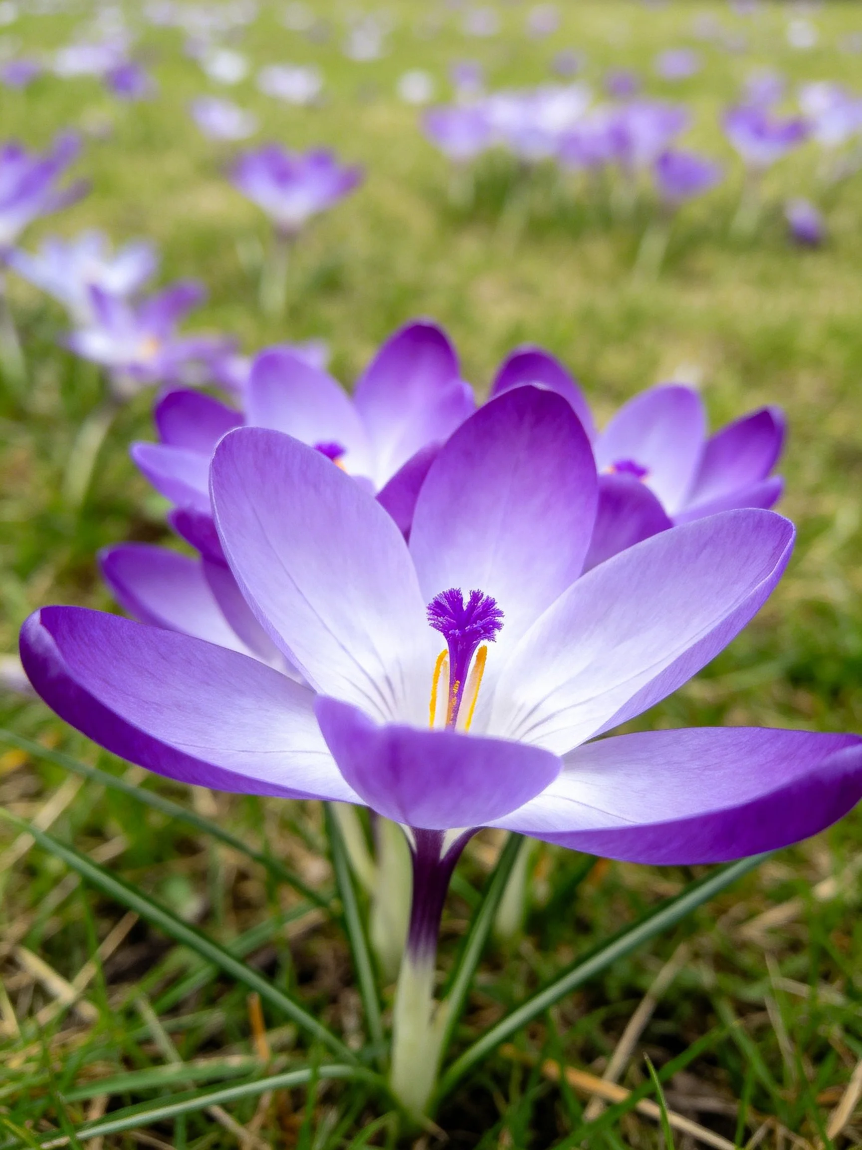 Vibrant purple crocuses bloom amid lush green grass