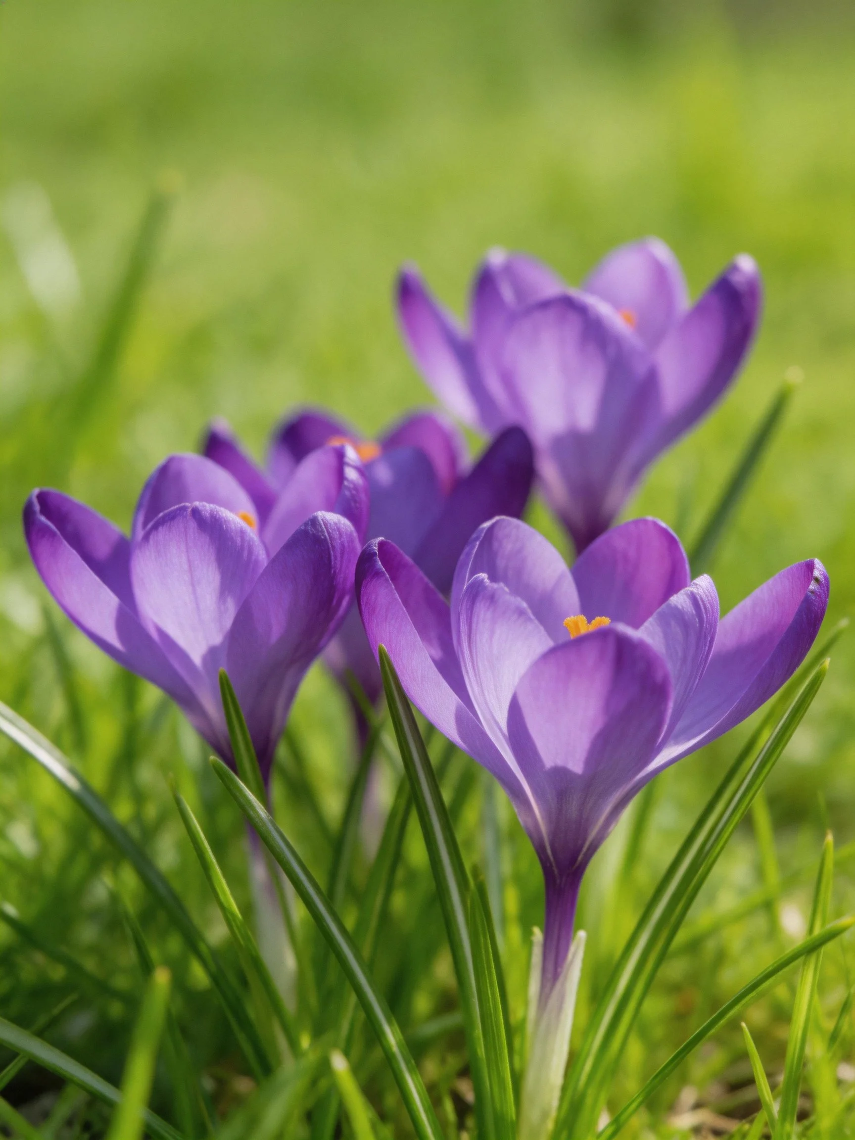 Vibrant purple crocuses blooming amid lush green grass