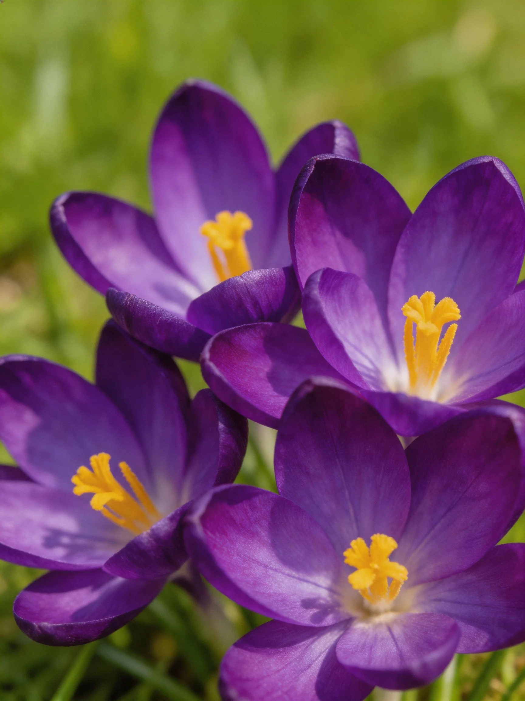 Vibrant purple crocuses cluster amid soft green grass