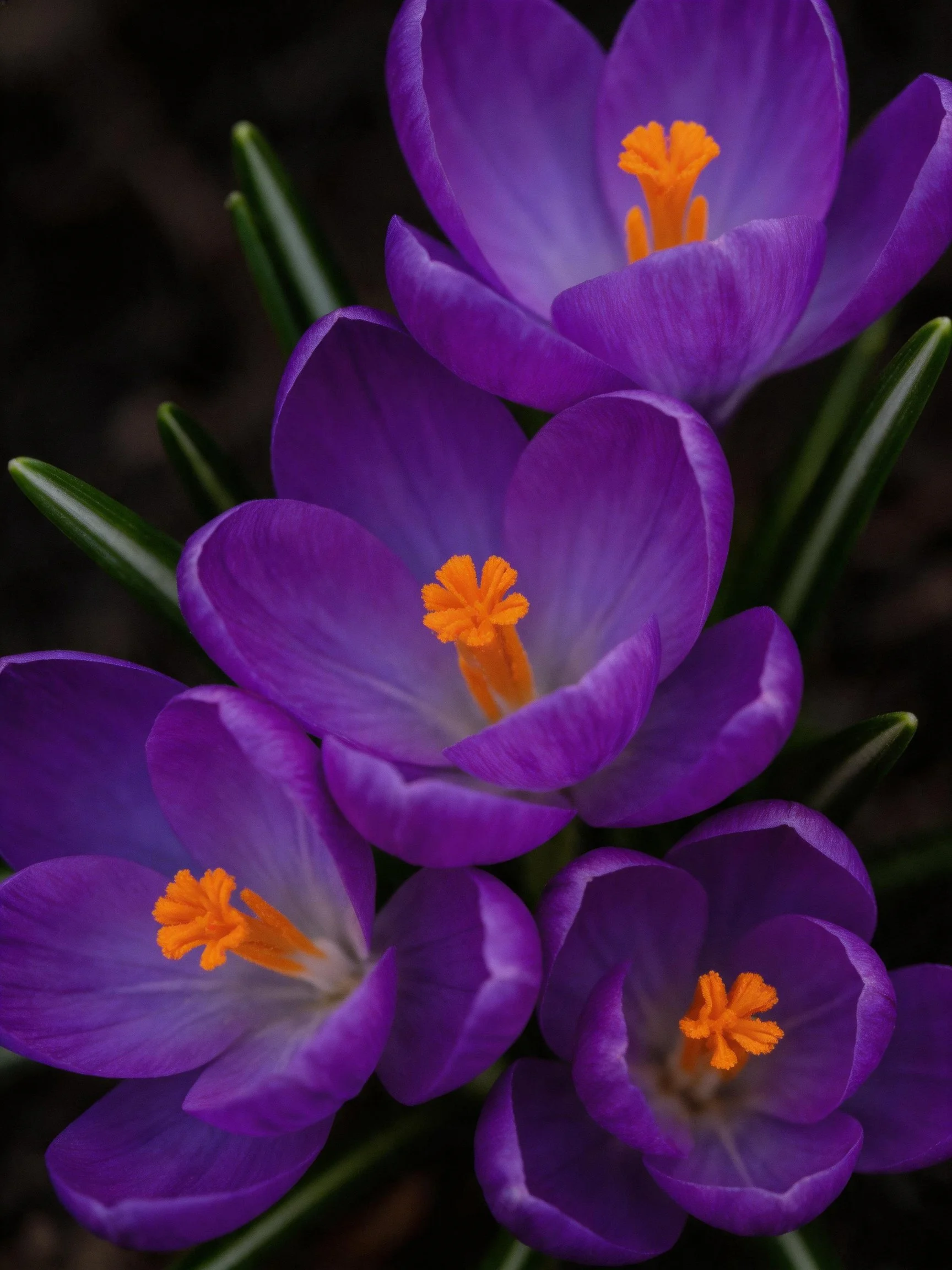 Vibrant purple crocuses with bright orange centers clustered closely