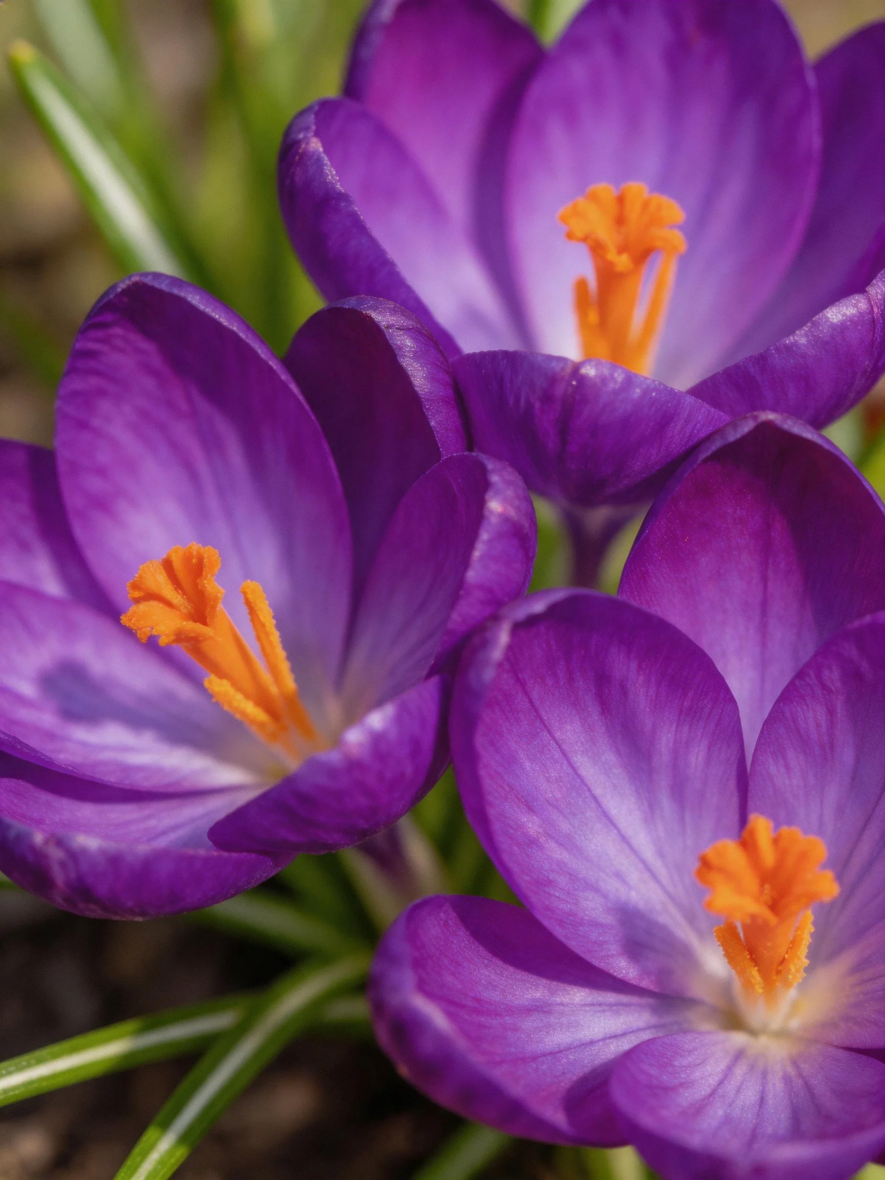 Vibrant purple crocuses with bright orange stamens