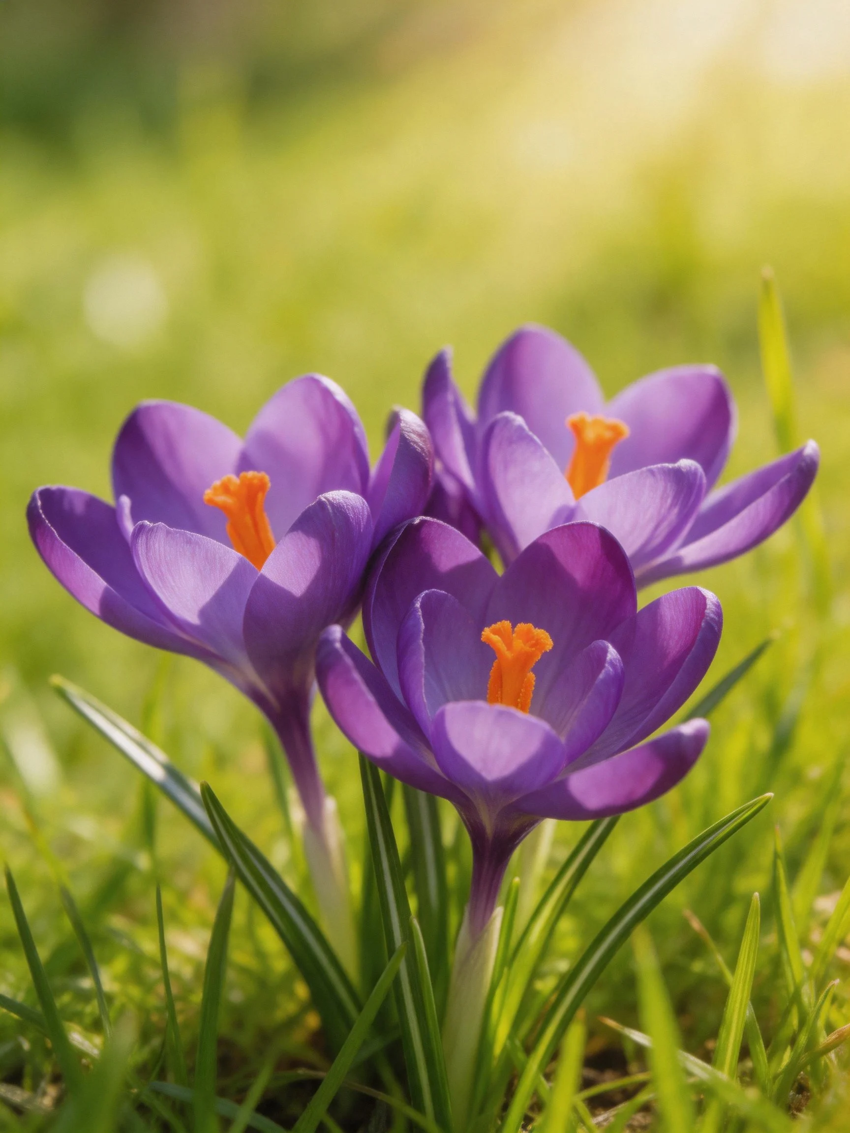 Vibrant purple crocuses with orange stamens blooming in sunlit grass