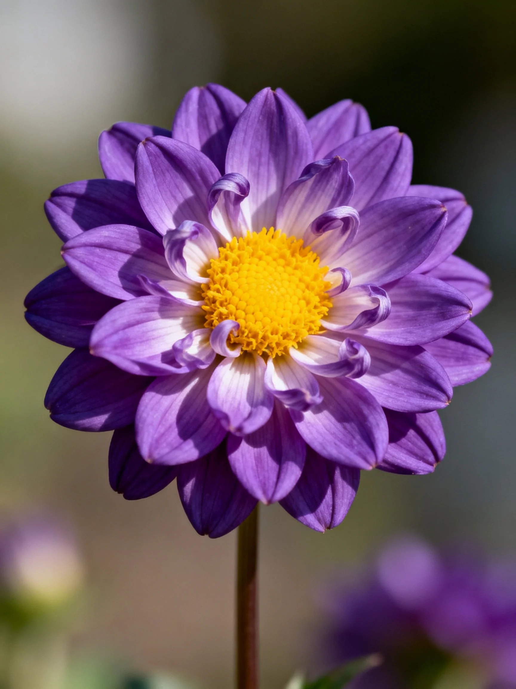 Vibrant purple dahlia with layered petals and bright yellow center