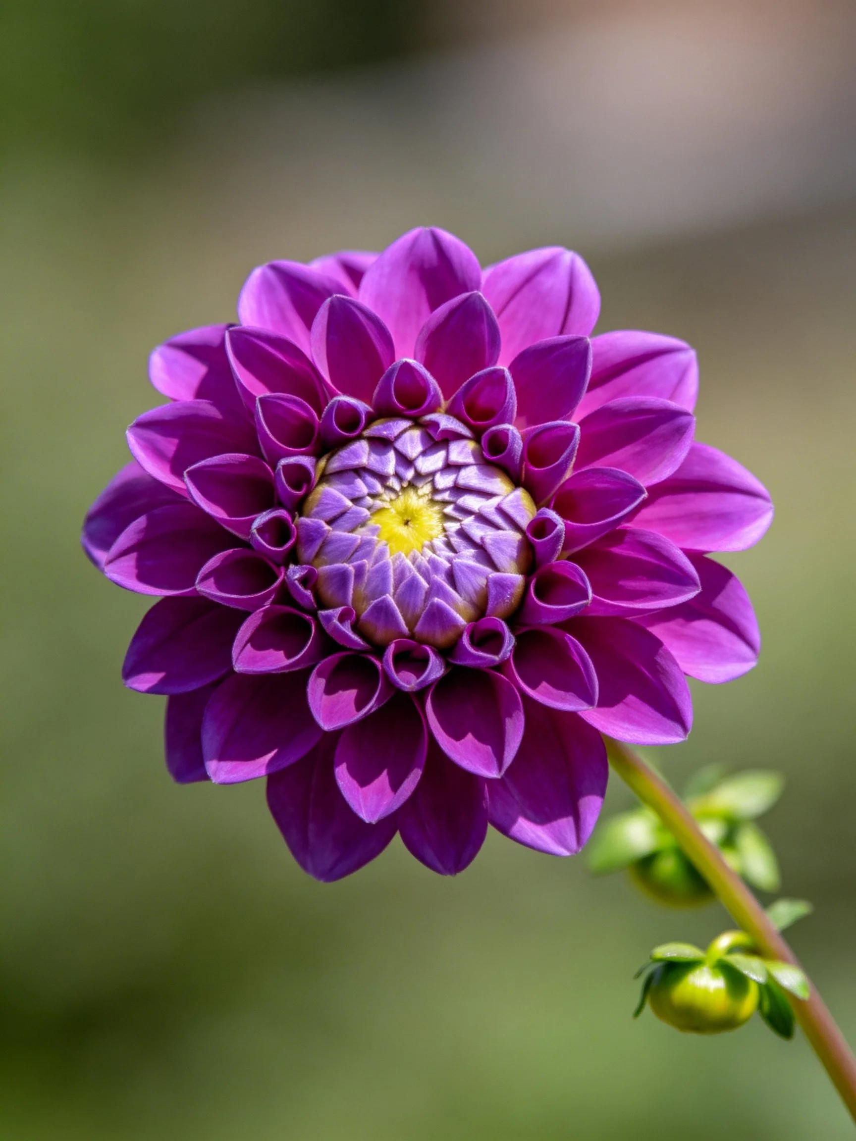 Vibrant purple dahlia with layered petals and green buds