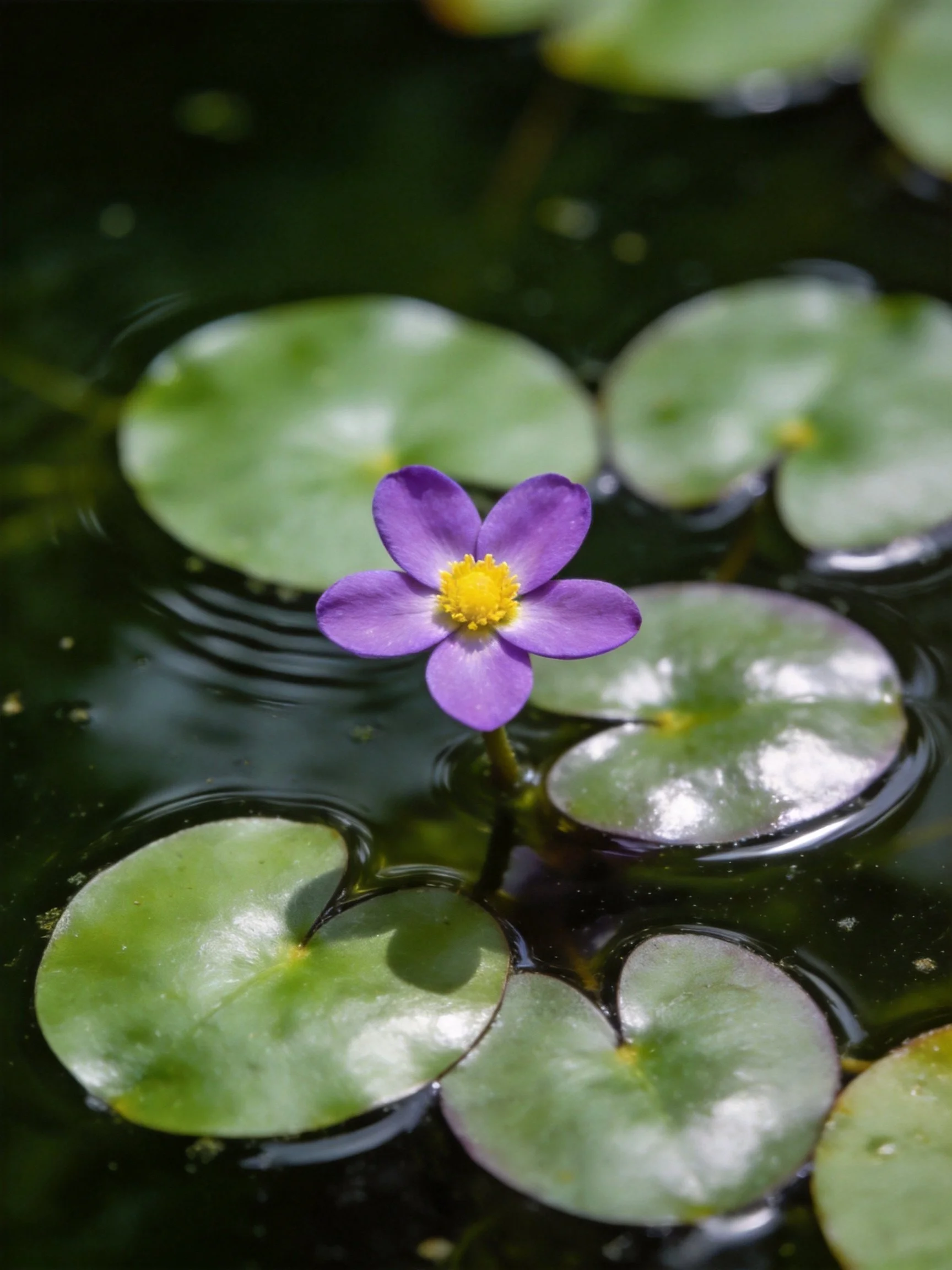 A purple flower with a yellow center sits among round green lily pads in dark water.