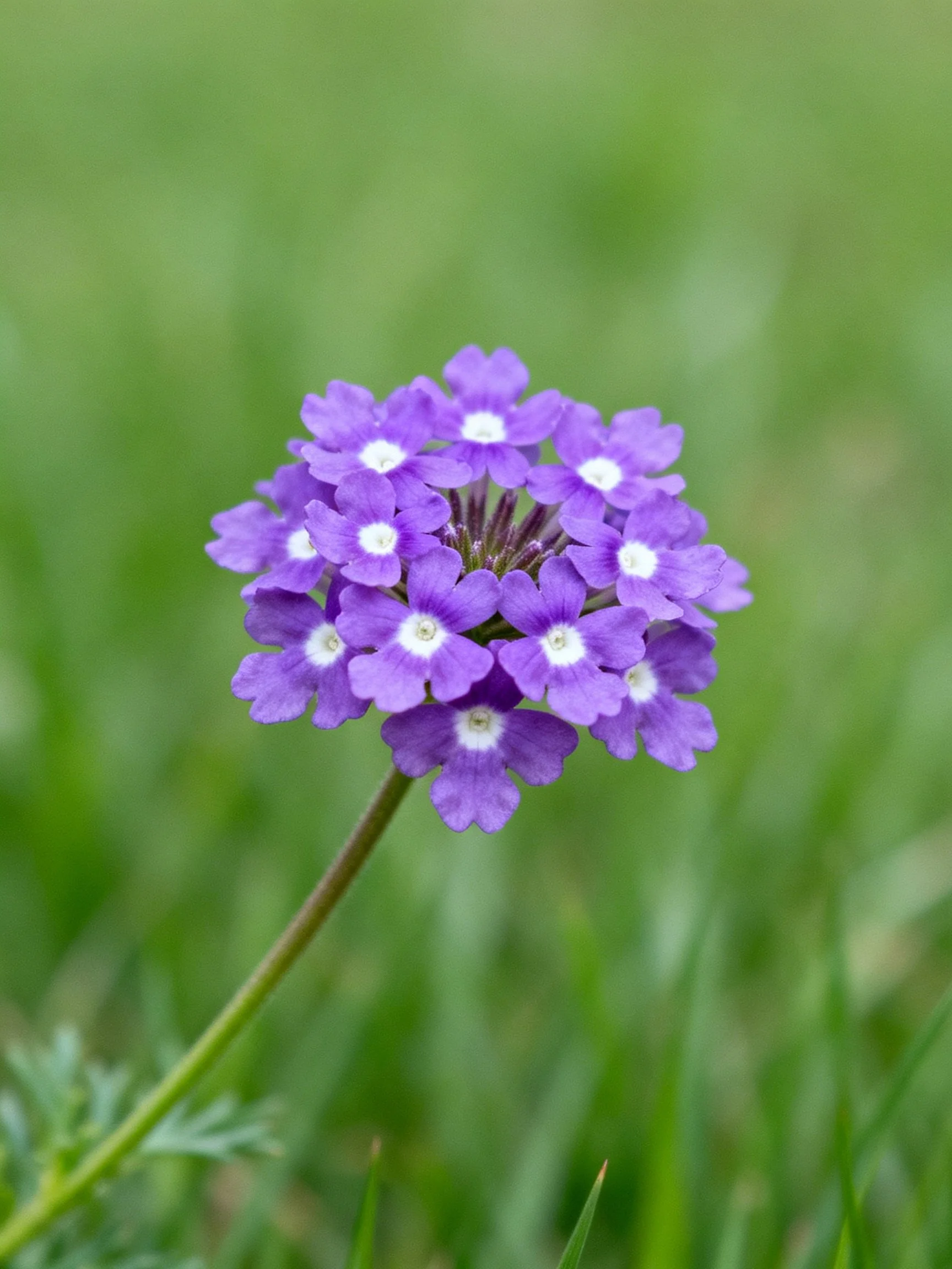 A cluster of vibrant purple flowers with white centers stands out against green grass.
