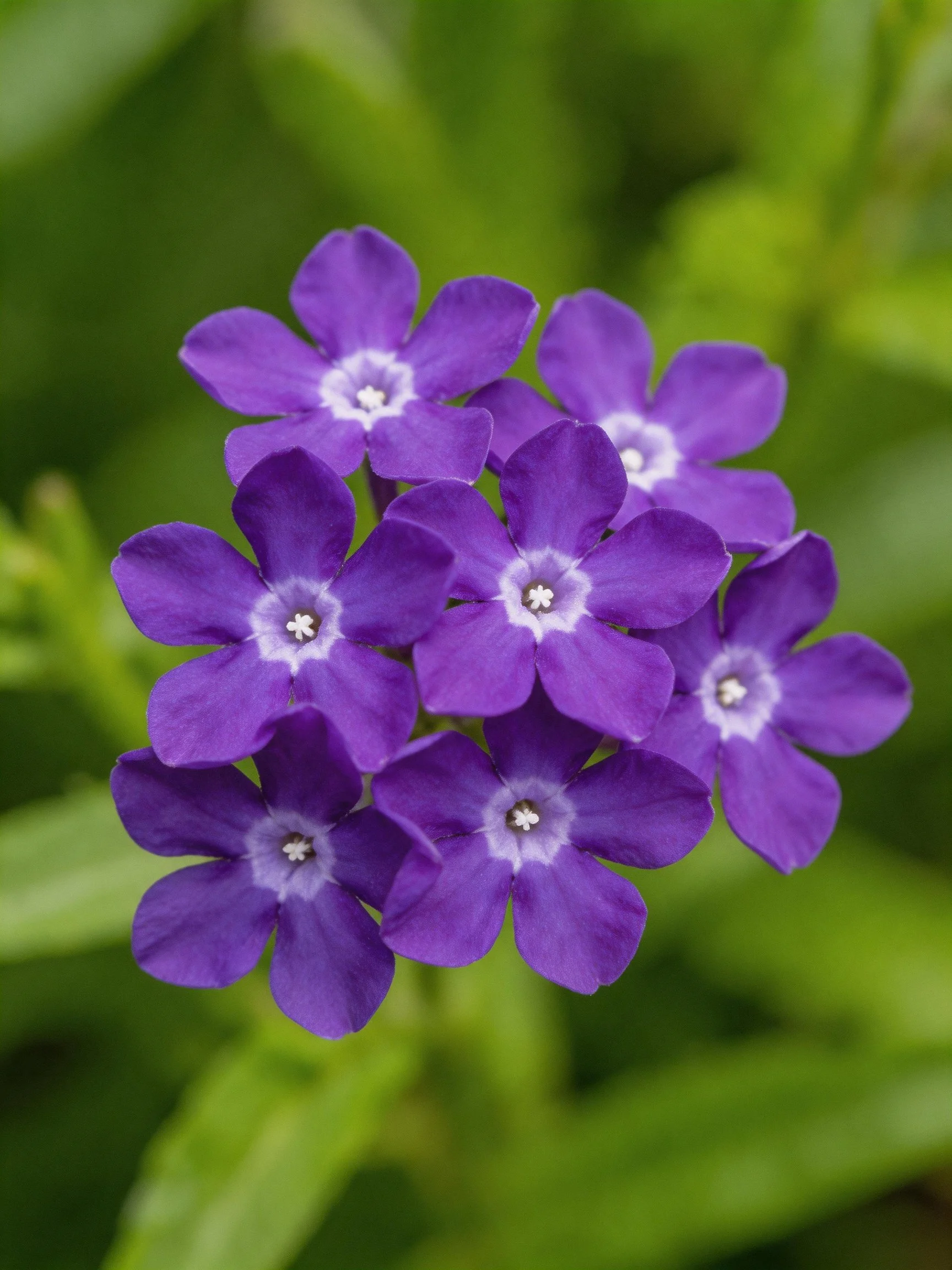 Vibrant purple flower cluster with white centers amidst green foliage
