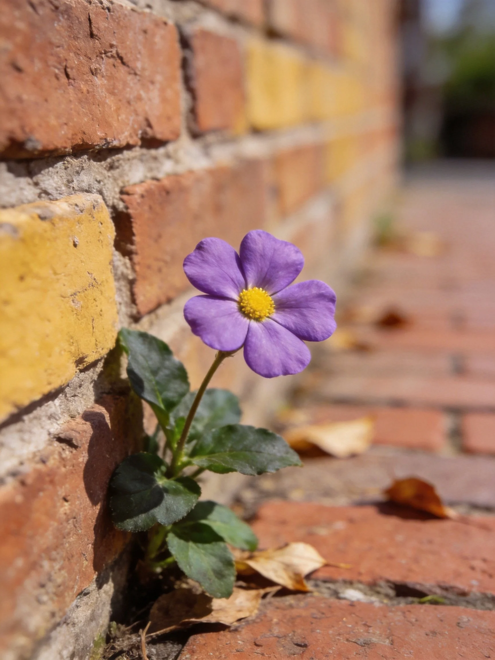 Vibrant purple flower grows beside aged brick wall with yellow bricks