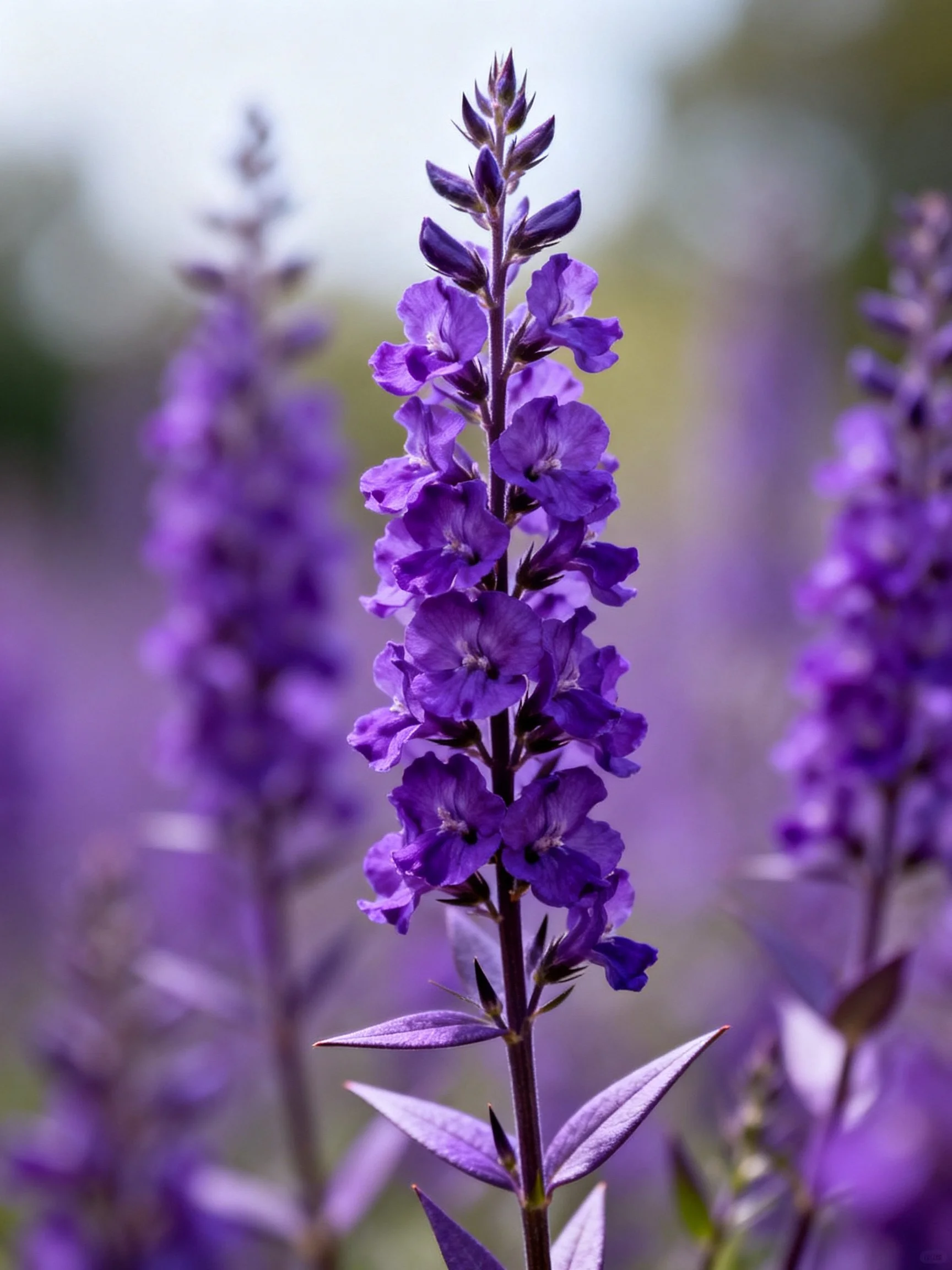Vibrant purple flower spikes dominate the scene with a soft-focused natural backdrop.