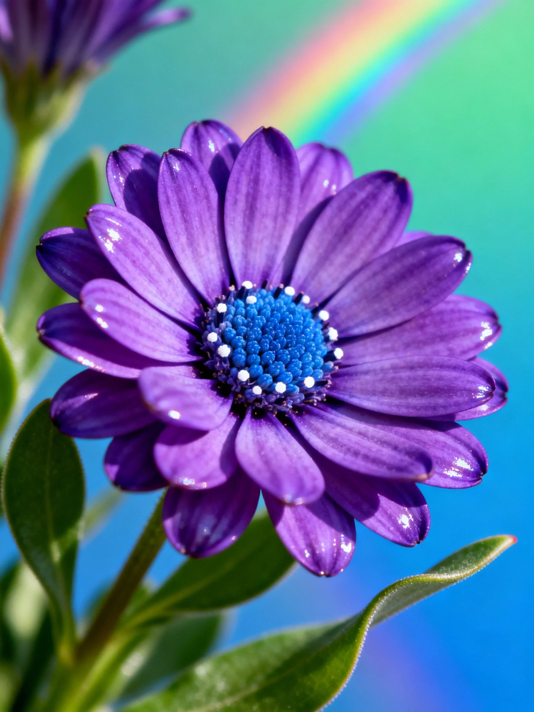 Vibrant purple flower with blue center and rainbow backdrop