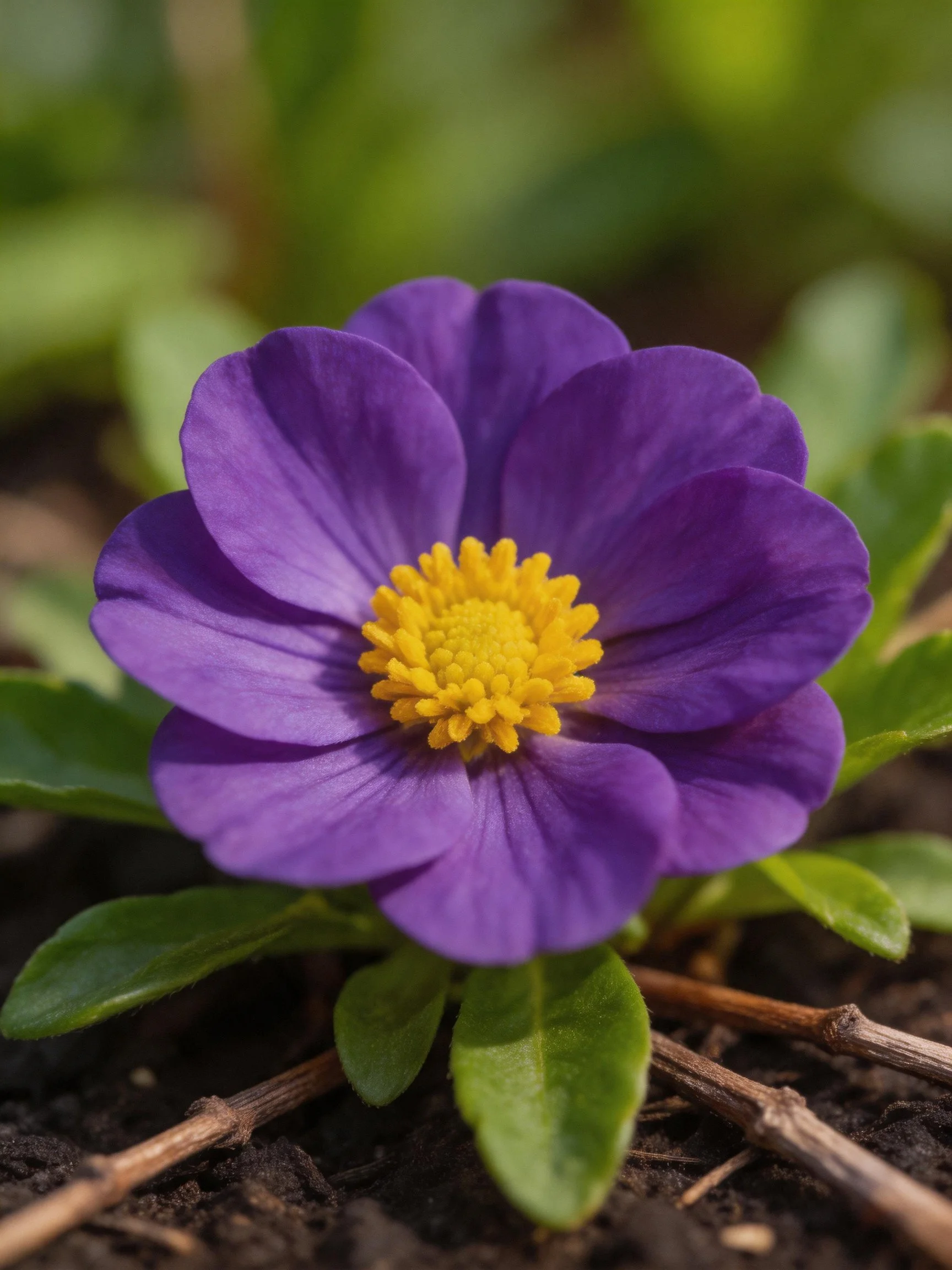 Vibrant purple flower with bright yellow center amidst green leaves and soil