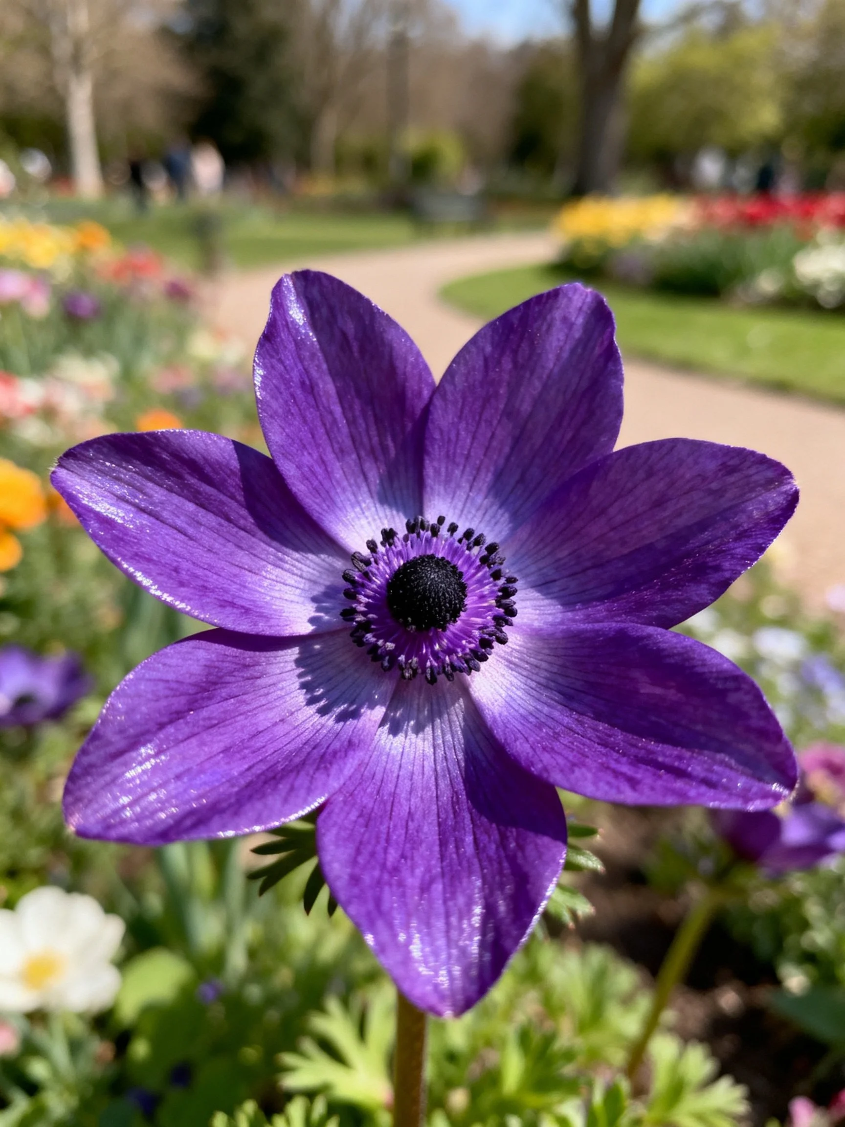Vibrant purple flower with dark central core in a sunlit garden