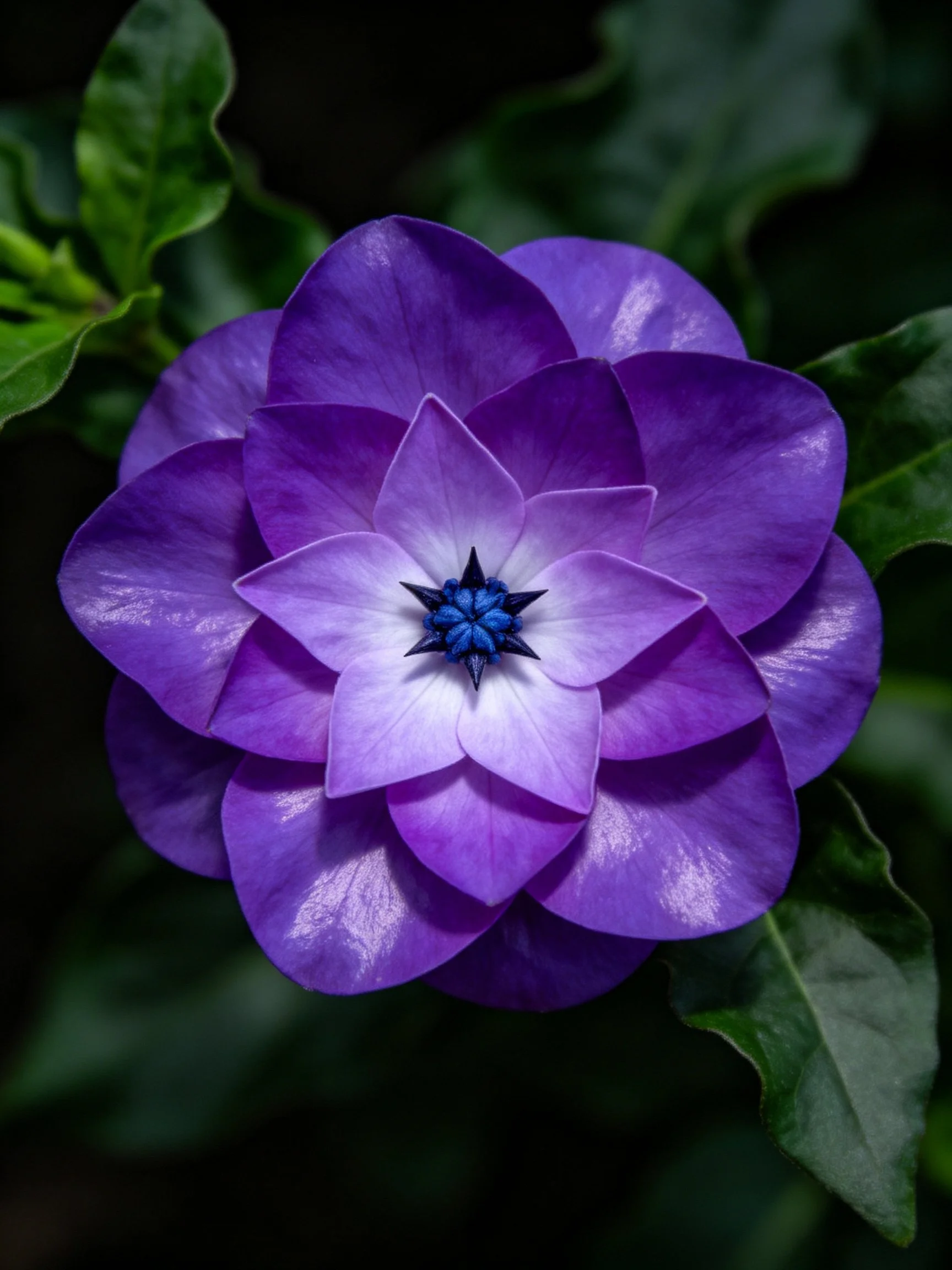 Vibrant purple flower with layered petals and green foliage