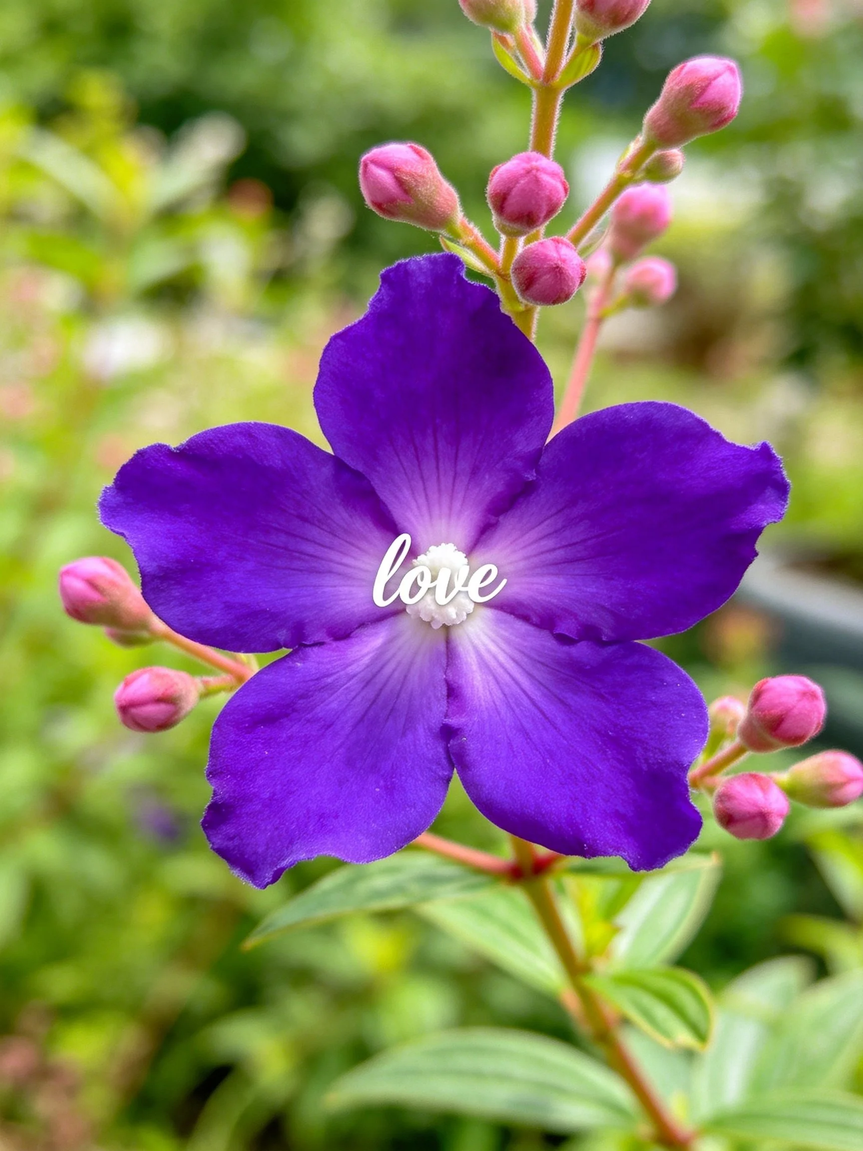Vibrant purple flower with pink buds and love text
