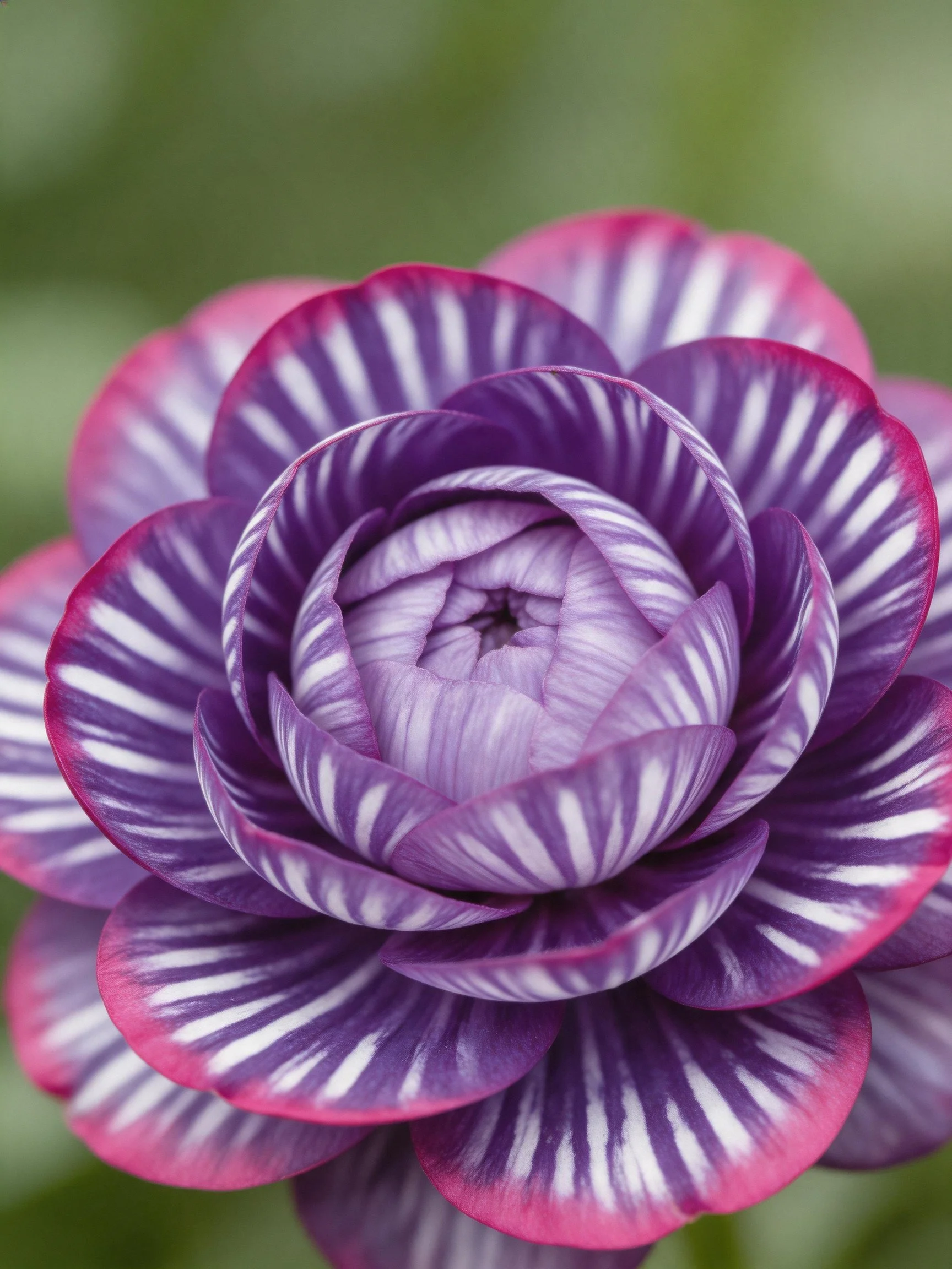 Vibrant purple flower with white striped petals and pink edges
