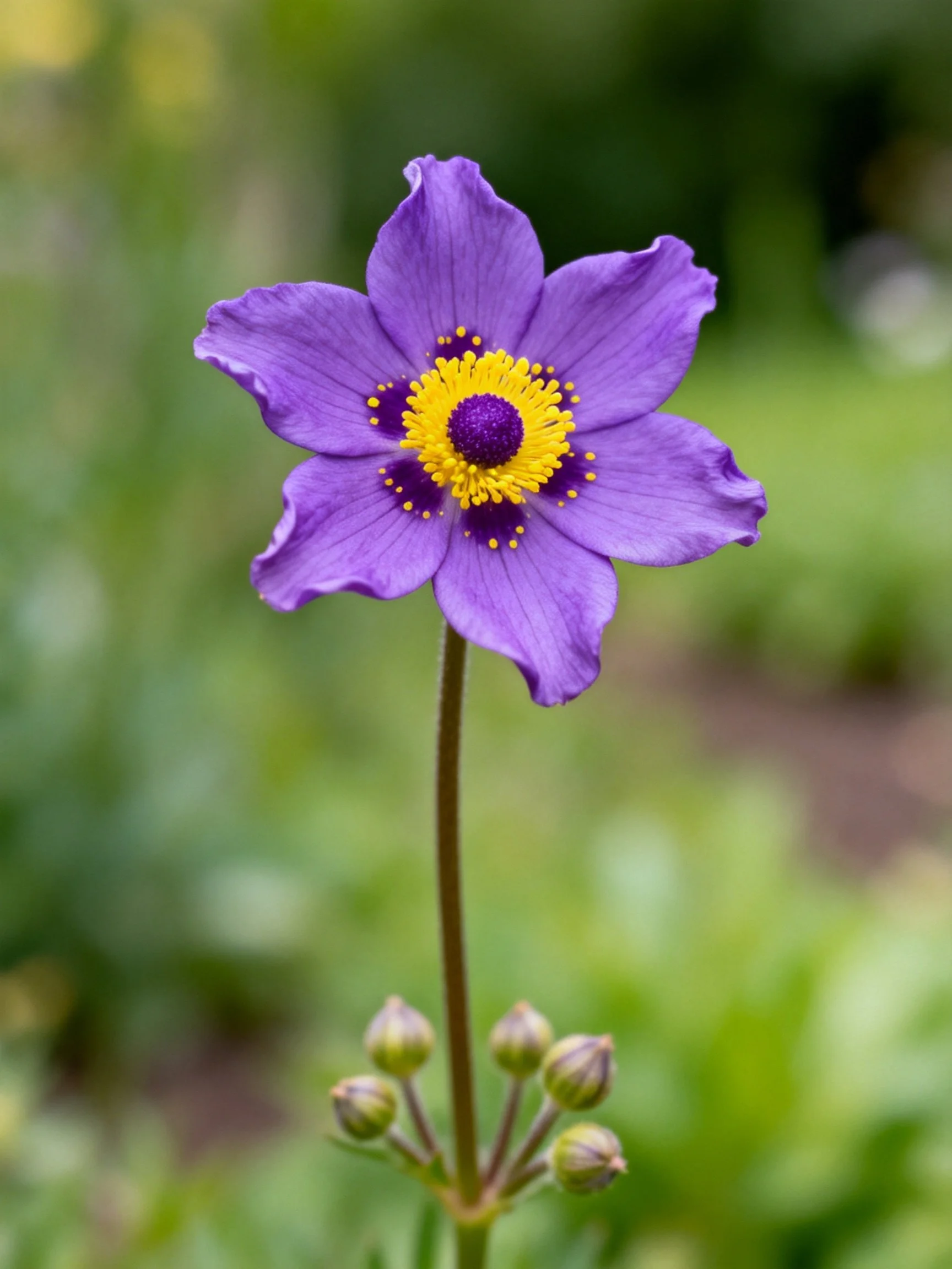 Vibrant purple flower with yellow center and unopened buds