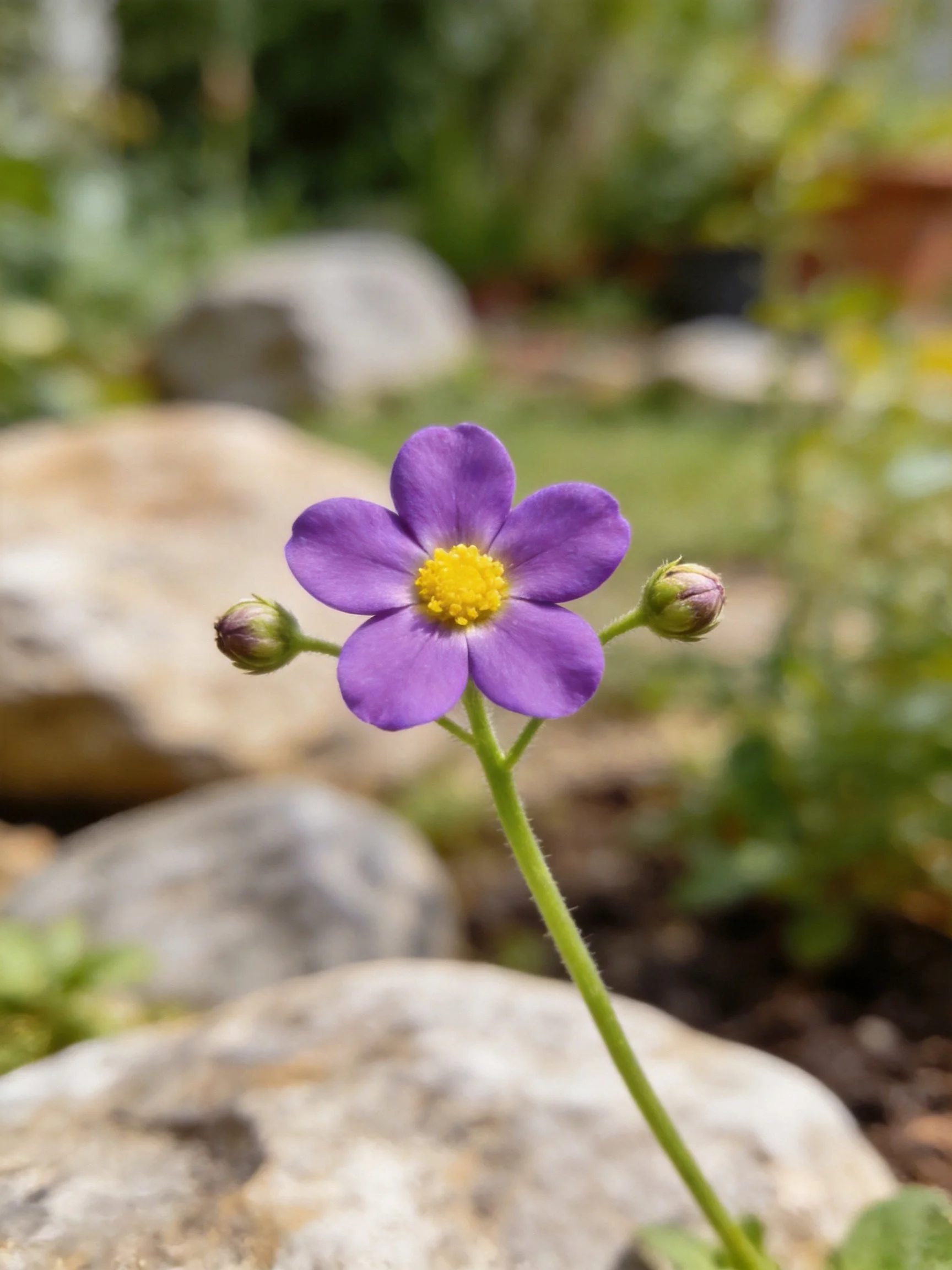 Vibrant purple flower with yellow center surrounded by garden rocks